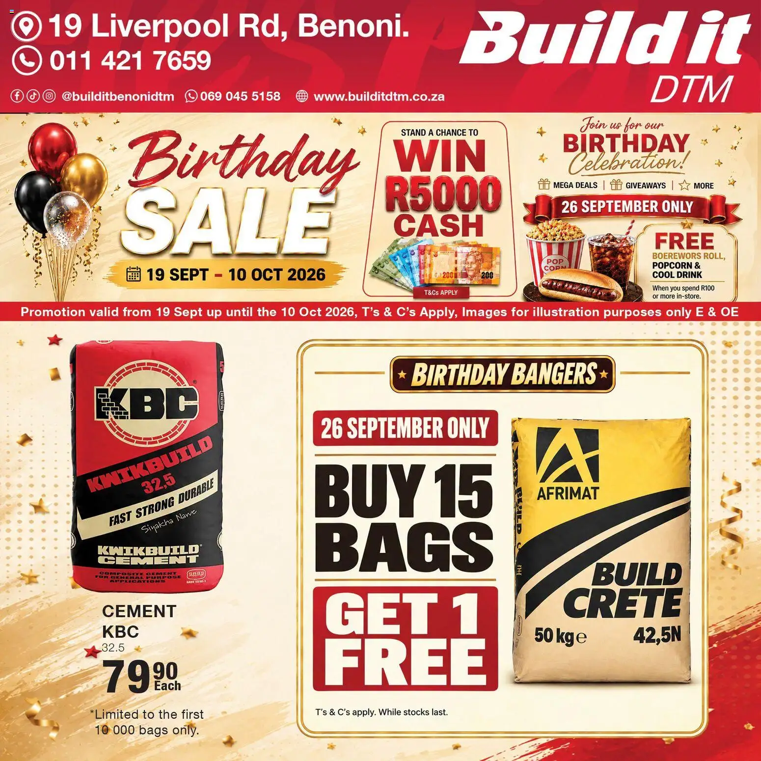 New Build It catalogue – valid from 19/09/2026 | Page: 2 | Products: Boerewors, Popcorn, Cement
