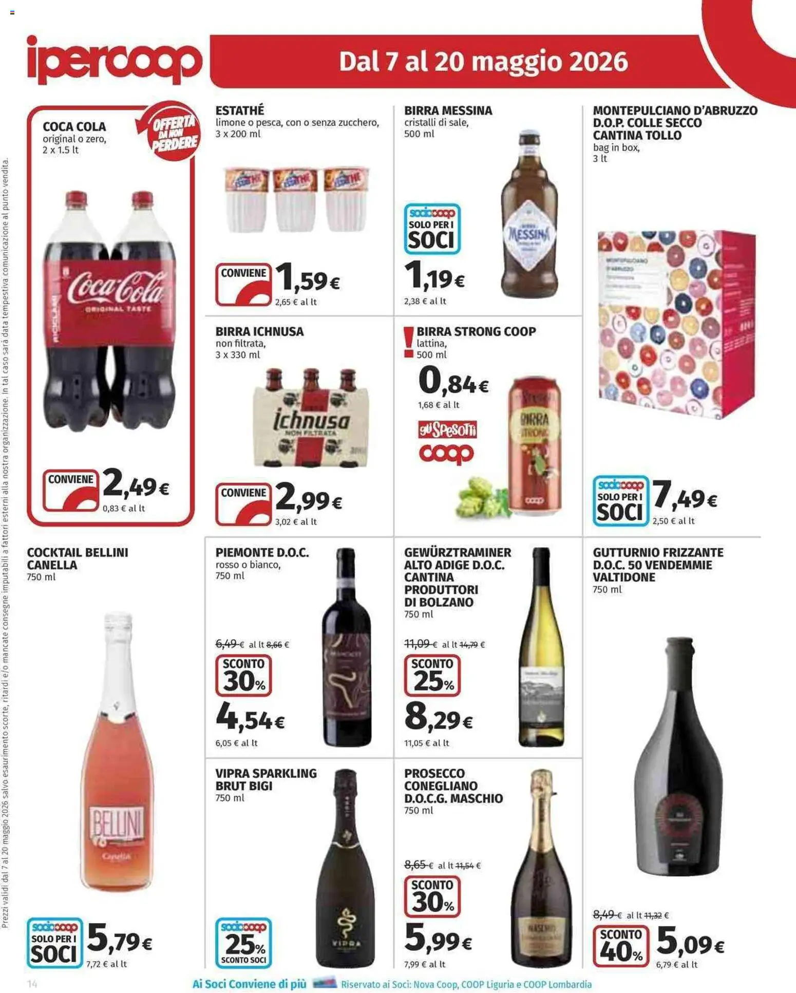 Volantino Ipercoop del 07.05.2026 | Pagina: 14 | Prodotti: Prosecco, Data, Birra messina, Coca Cola