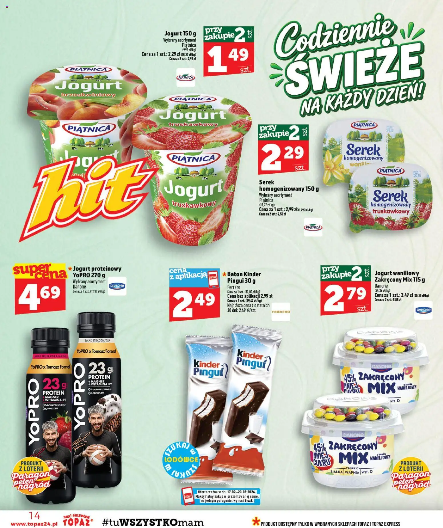 Topaz gazetka - MAZ od 17.09.2026 | Strona: 14 | Produkty: Jogurt waniliowy, Serek homogenizowany, Piątnica, Baton