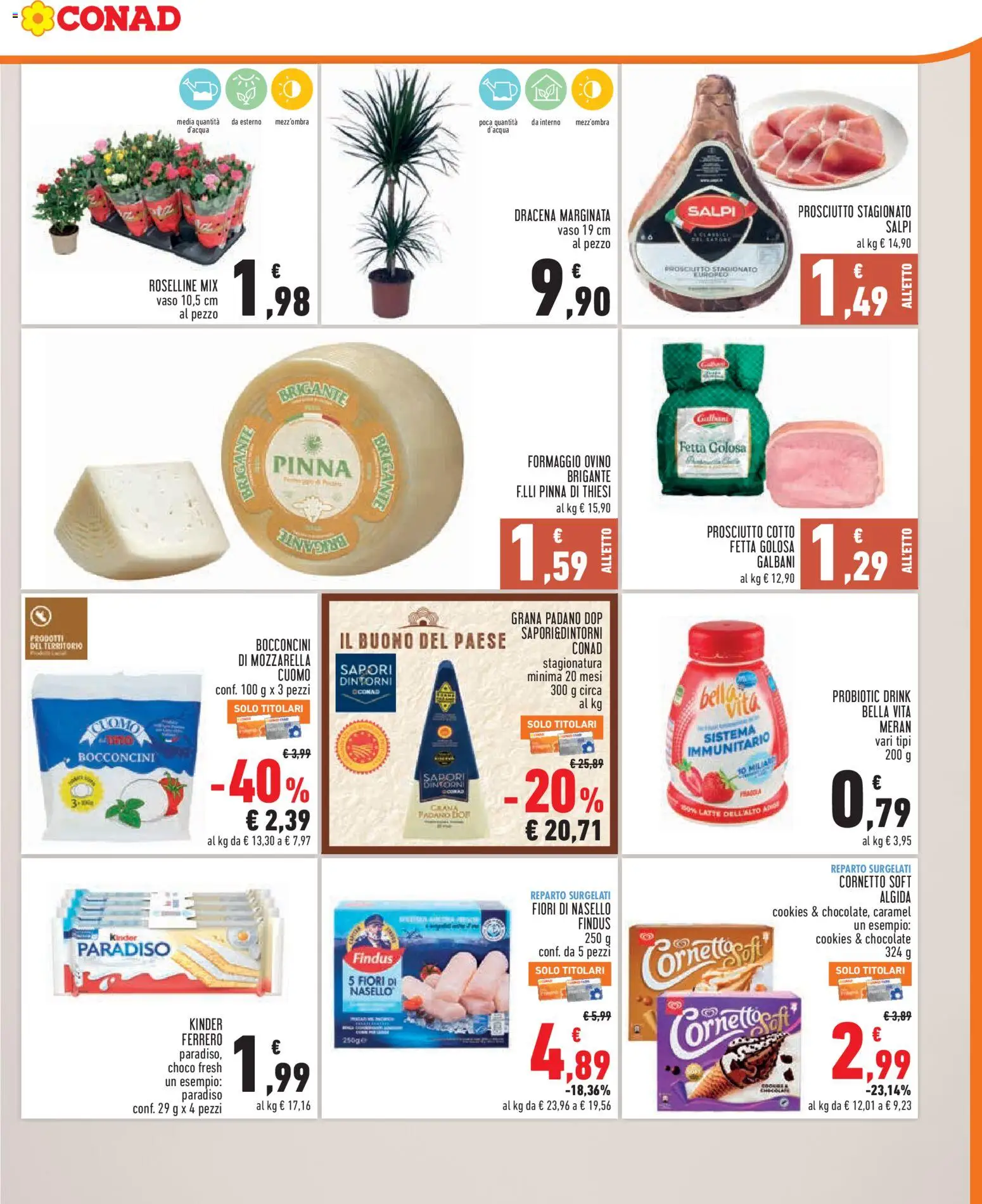 Volantino Conad del 19/08/2026 | Pagina: 3 | Prodotti: Cornetto, Mozzarella, Grana Padano, Nasello
