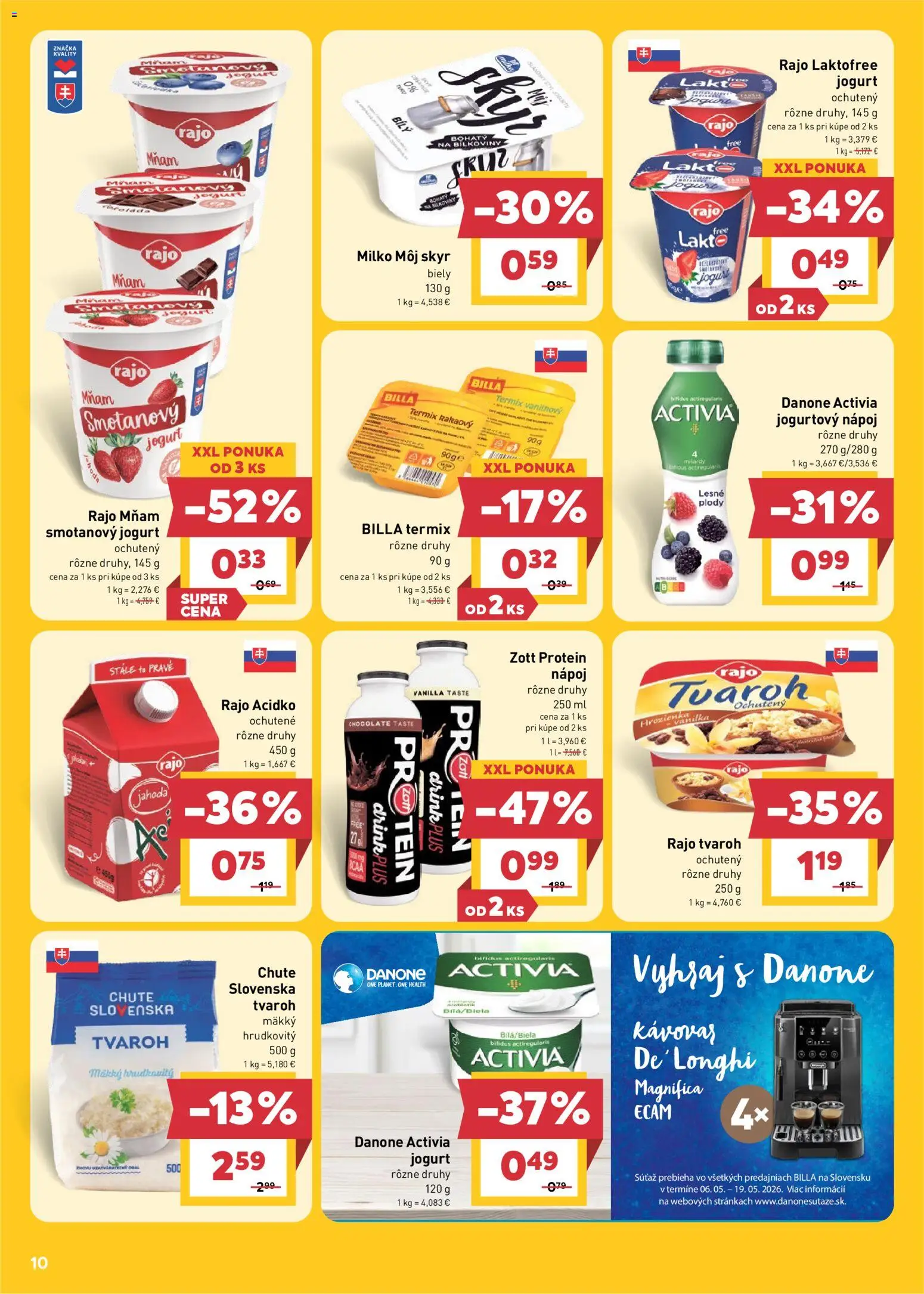 Nové Billa akcie – leták je platný od 06.05.2026 | Strana: 10 | Produkty: Kávovar, Jogurt, Hrozienka, Acidko