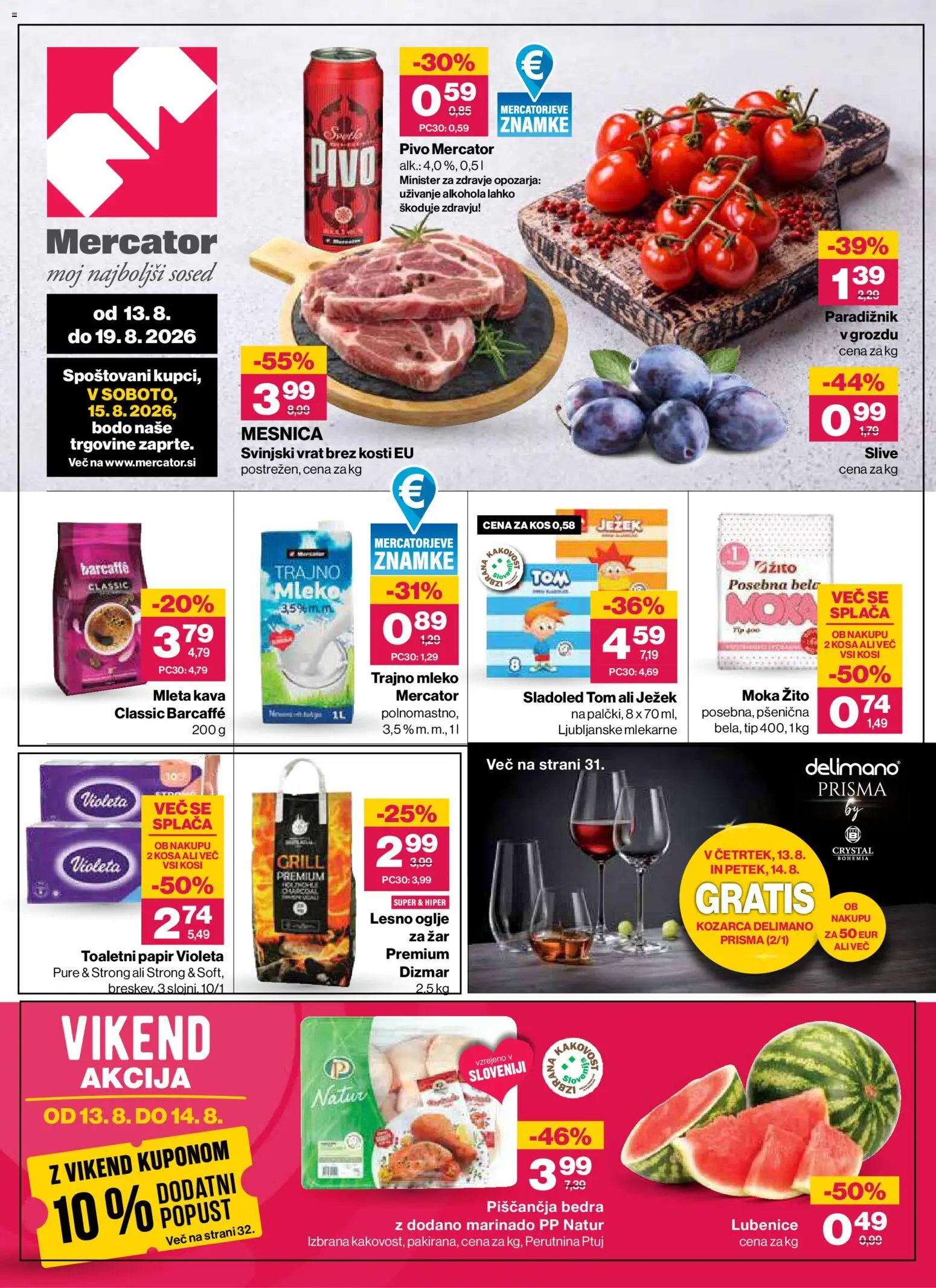 Novi Mercator katalog ponudbe – veljaven od 13.08.2026 | Stran: 1 | Izdelki: Moka, Piščančja bedra, Mleko, Sladoled