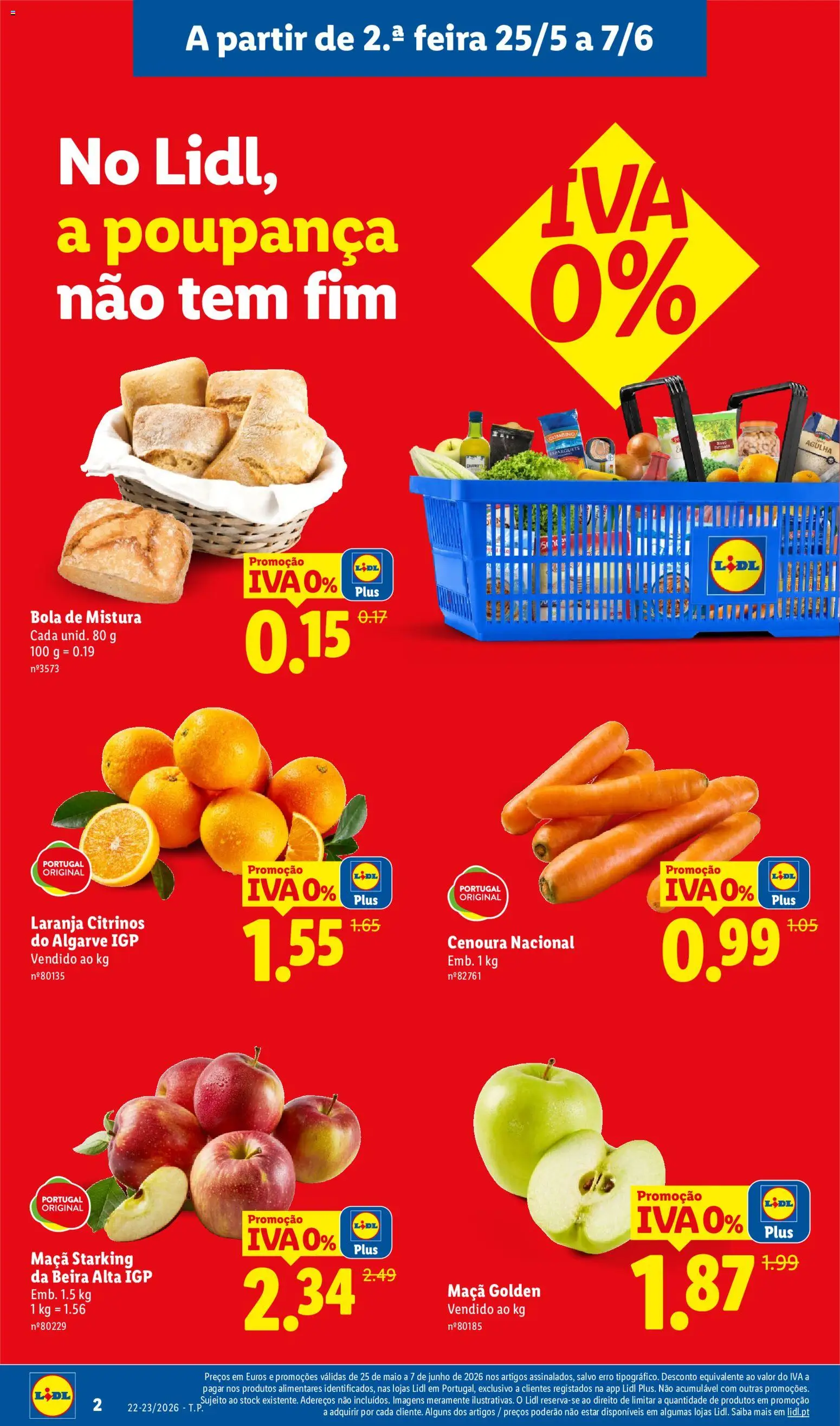 Lidl Folheto Especial Iva 0% │ válido de 25.05.2026 | Página: 2 | Produtos: Esparguete, Maça, Cenoura