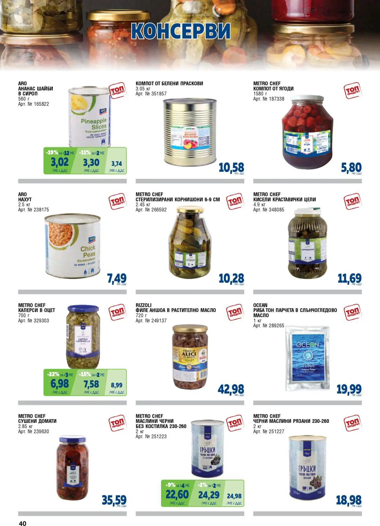 {H1} | Страница: 40 | Продукти: Сироп, Филе, Праскови, Риба тон