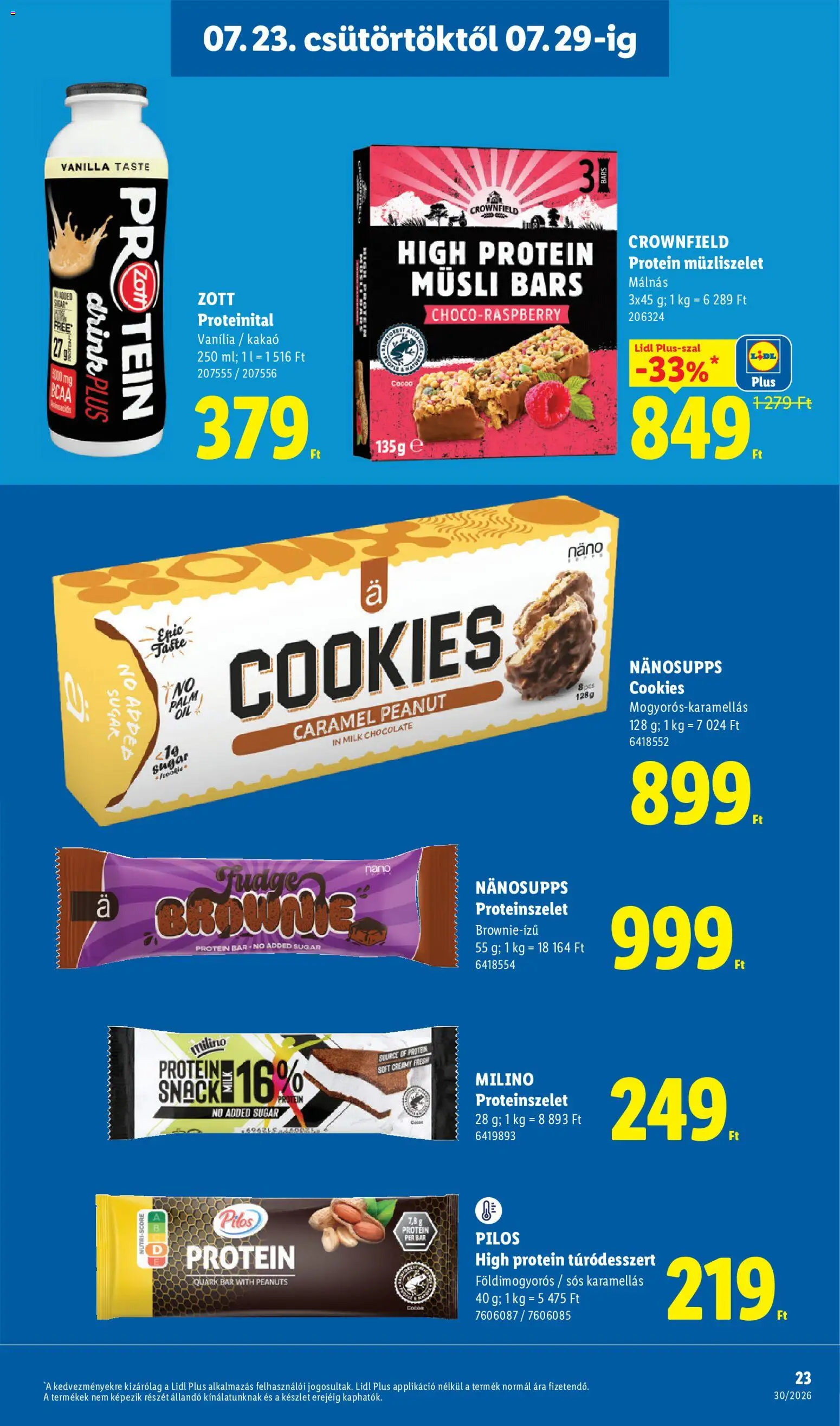Lidl akciós ujság - amely érvényes a következő dátumtól: 2026.07.23. | Oldal: 23 | Termékek: Protein bar, Protein, Müzliszelet, Brownie