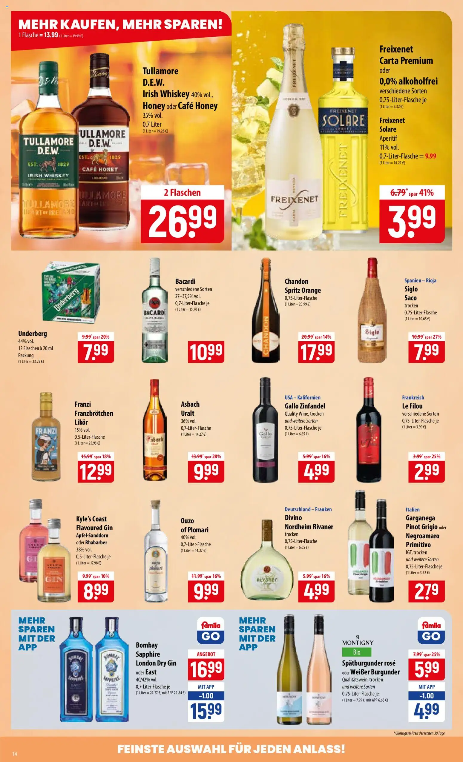 Famila Prospekt – gültig ab 29.06.2026 | Seite: 14 | Produkte: Ouzo, Likör, Gin, Asbach