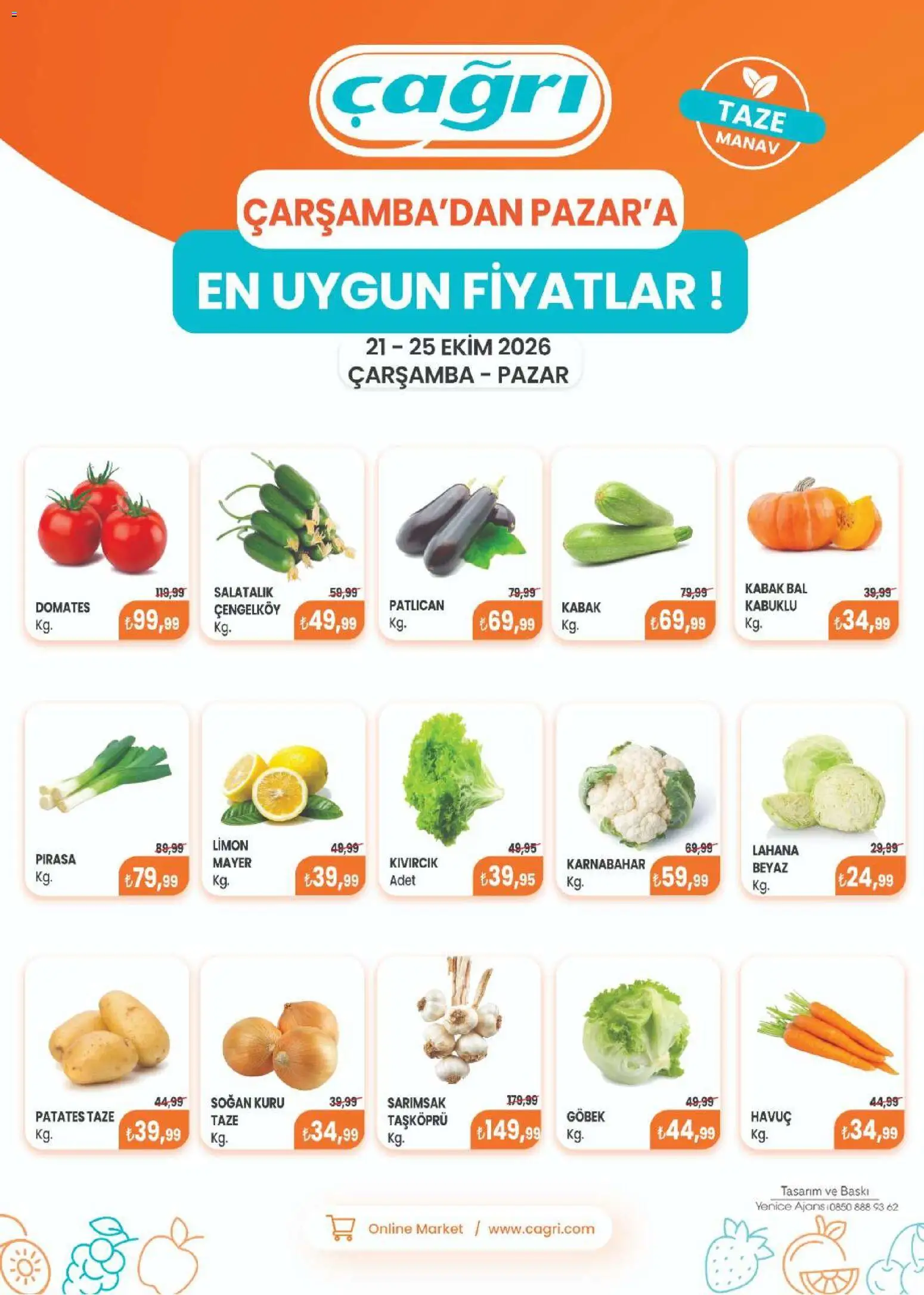 Çağrı Market - Manav Katalog - 21 Ekim 2026 tarihinden itibaren geçerlidir | Sayfa: 1 | Ürünler: Domates, Salatalık, Soğan, Lahana
