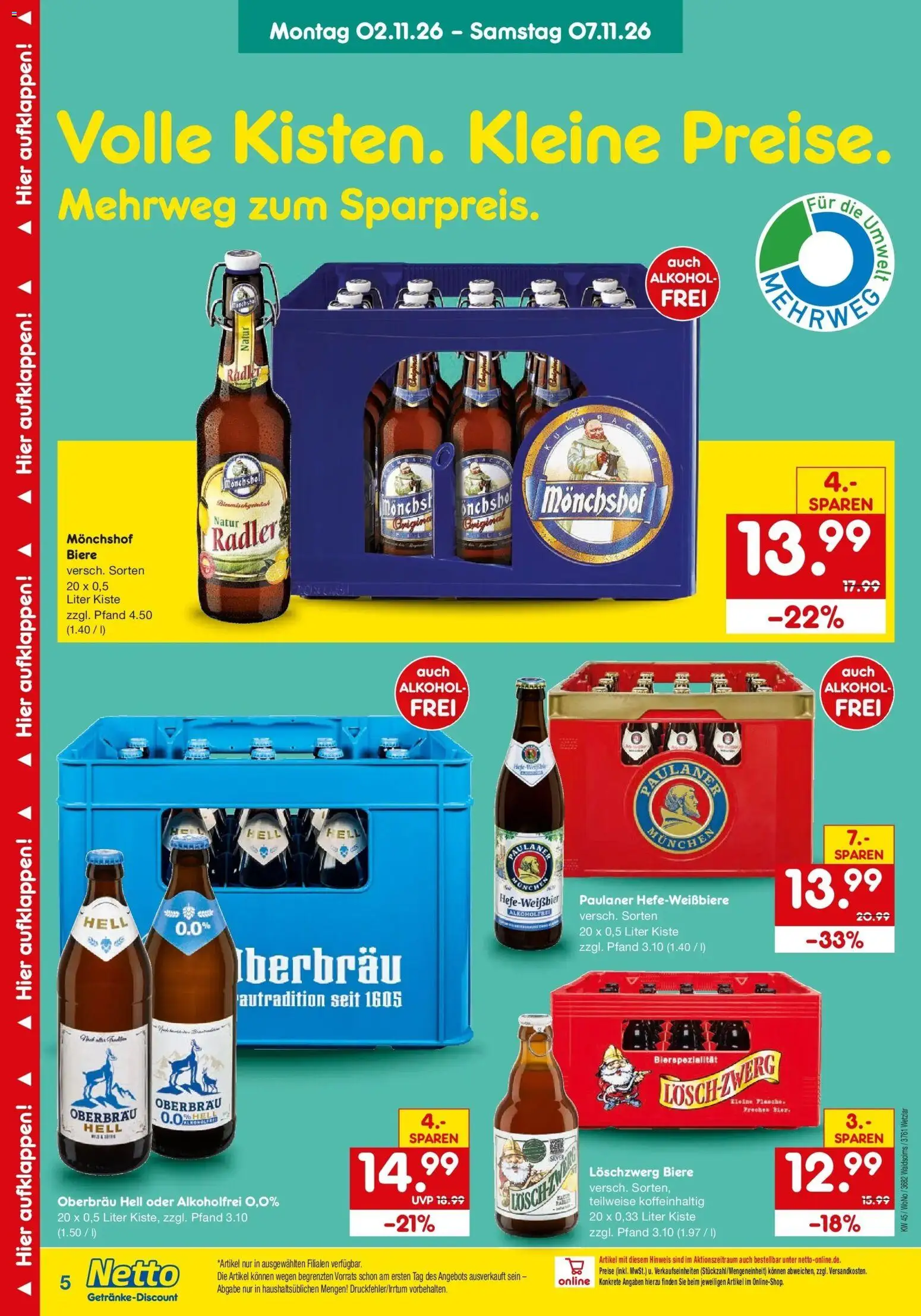 Netto Marken-Discount Prospekt Waldsolms-Brandoberndorf – gültig ab 02.11.2026 | Seite: 5 | Produkte: Monchshof, Radler, Alkohol, Paulaner