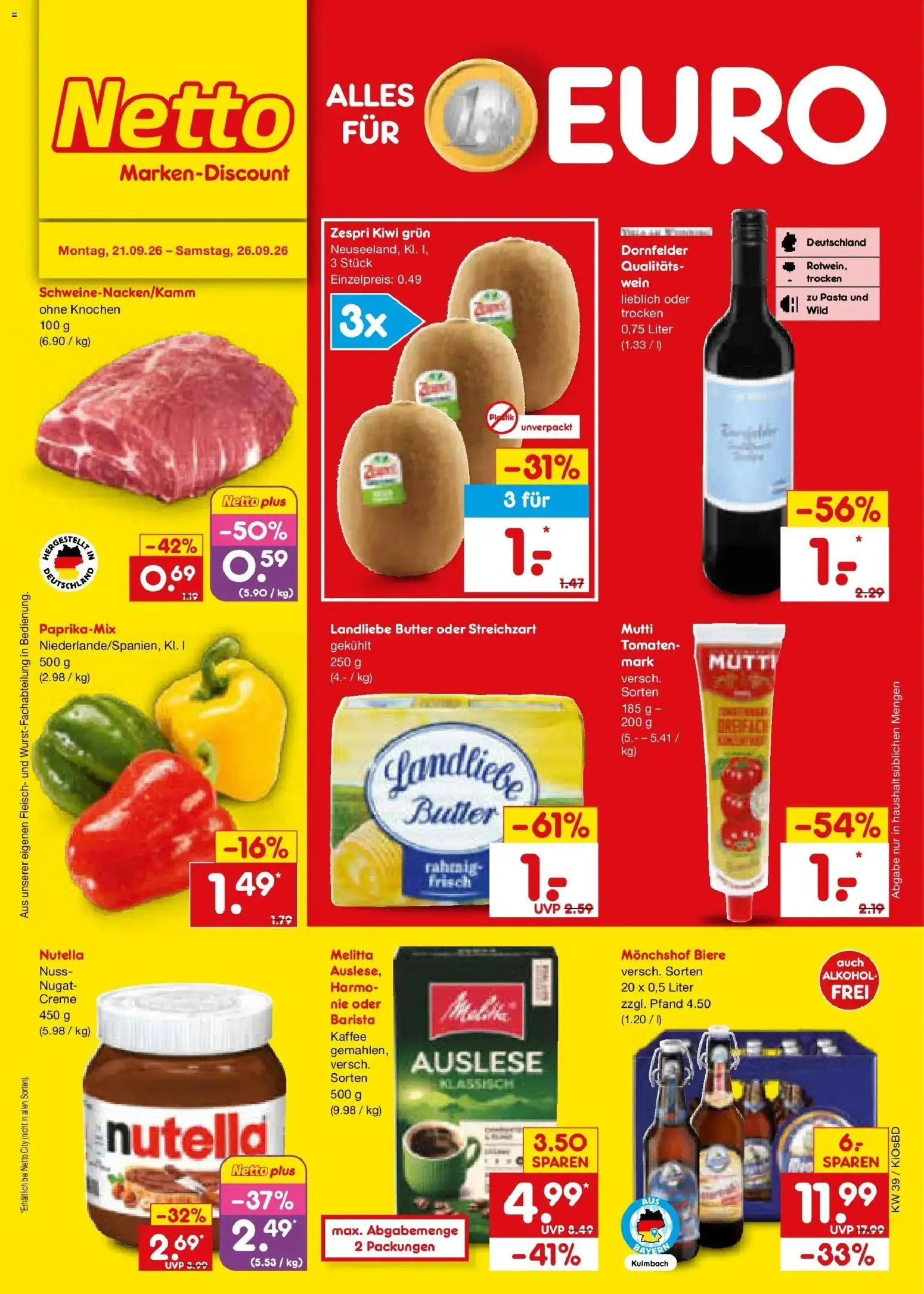 Netto Marken-Discount Prospekt Mistelbach – gültig ab 21.09.2026 | Seite: 1 | Produkte: Kaffee, Creme, Pasta, Kiwi