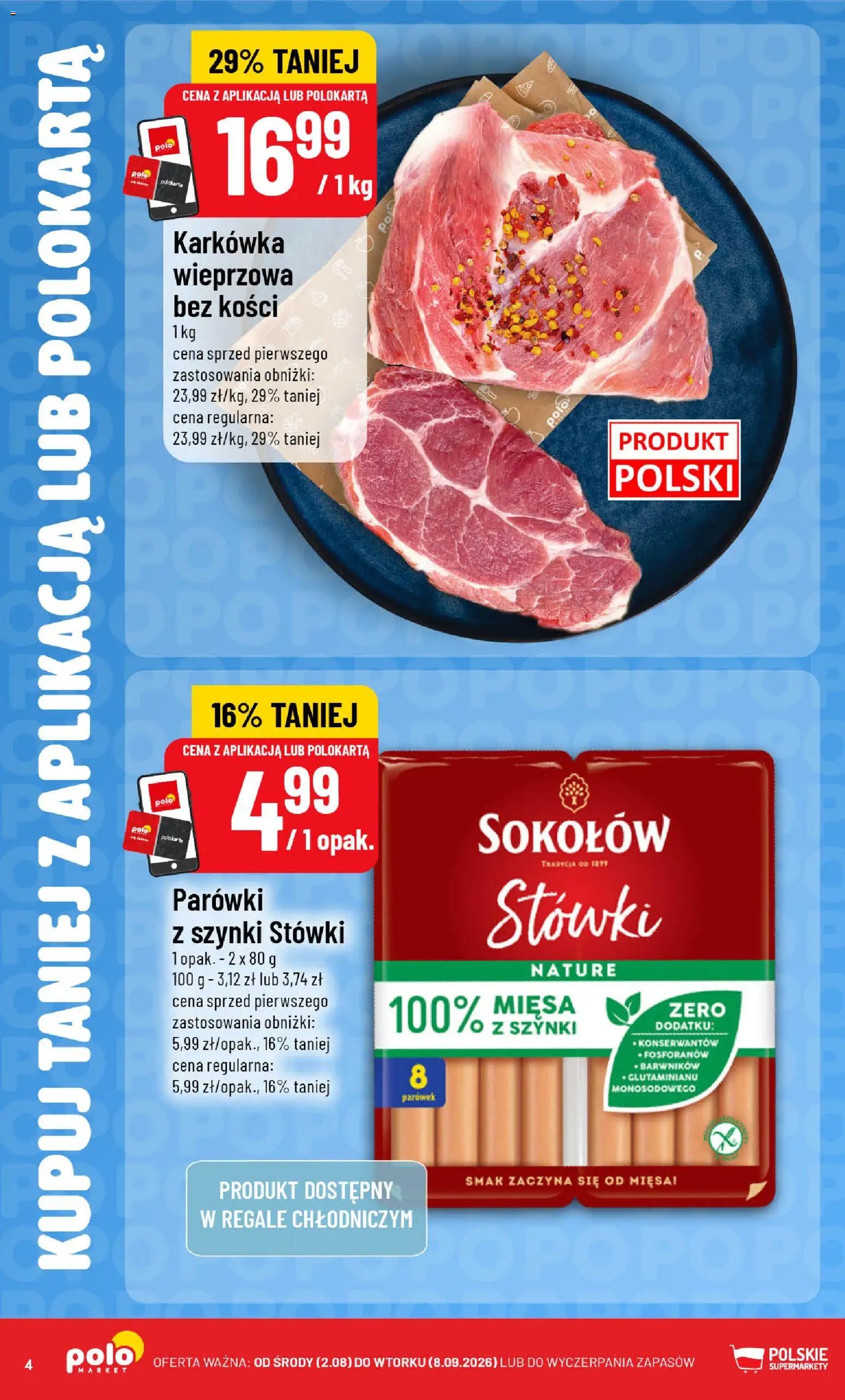 POLOmarket gazetka - Kupuj taniej od 02.09.2026 | Strona: 4 | Produkty: Karkówka, Karkówka wieprzowa, Parówki