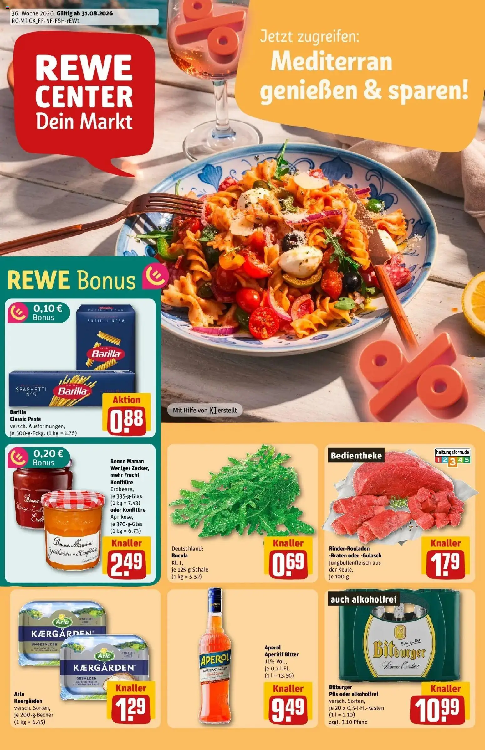 REWE Prospekt ab 31.08.2026 zum Blättern » Angebote | Seite: 1 | Produkte: Rinderrouladen, Spaghetti, Gulasch, Aperol