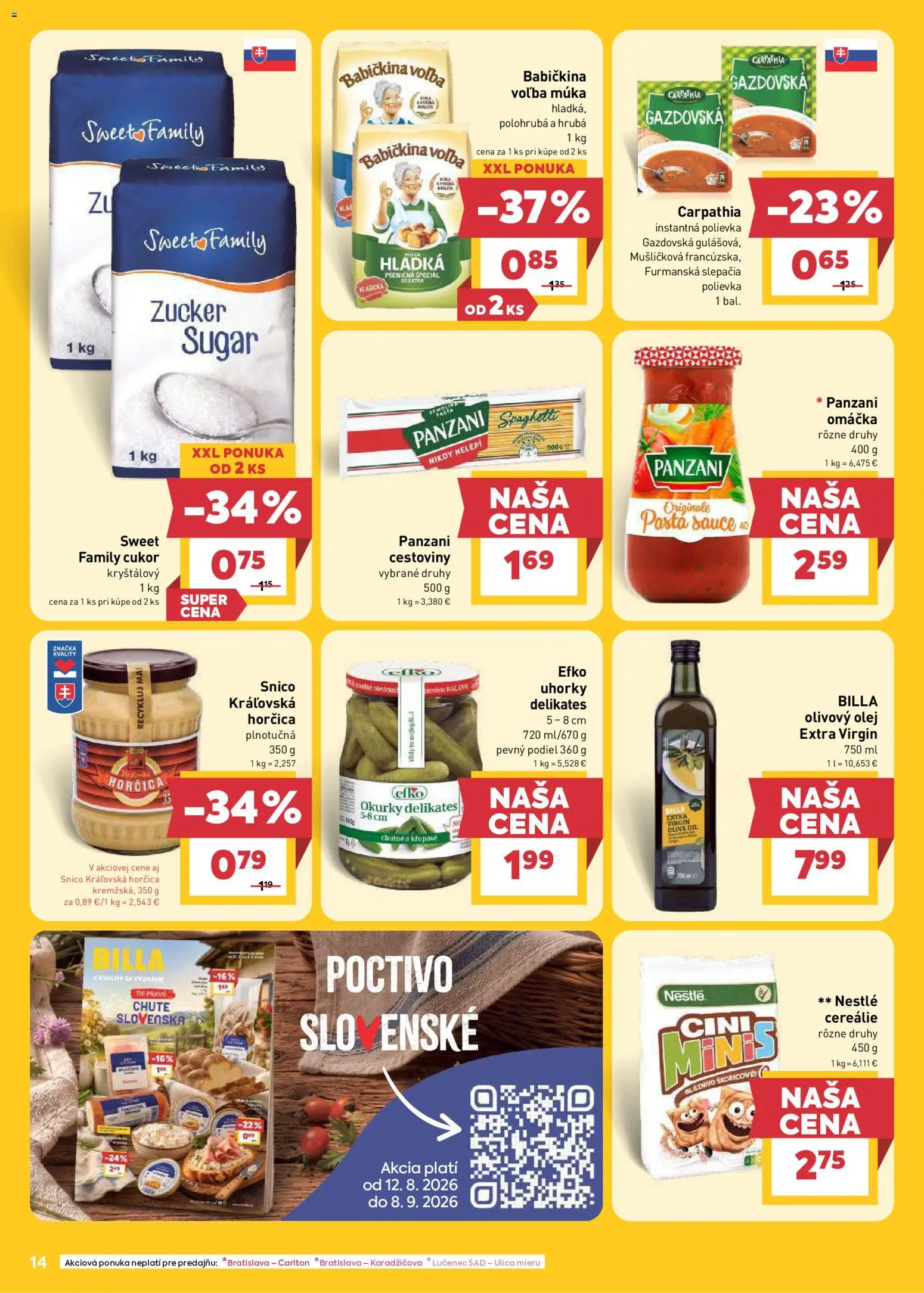 Nové Billa akcie – leták je platný od 19.08.2026 | Strana: 14 | Produkty: Olej, Múka, Horčica, Uhorky