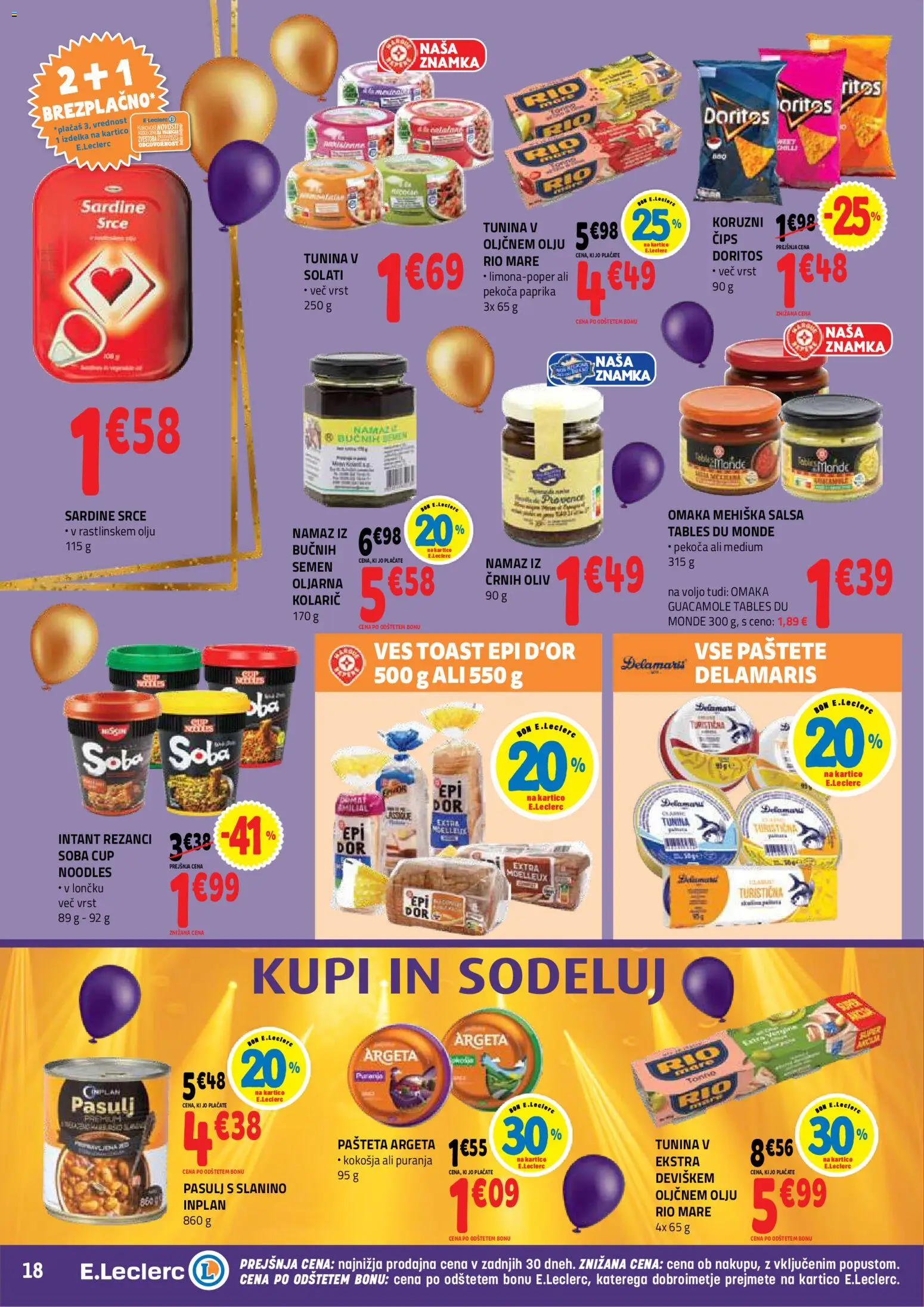 Novi E.leclerc katalog ponudbe – veljaven od 21.10.2026 | Stran: 18 | Izdelki: Toast, Sardine, Cips, Omaka