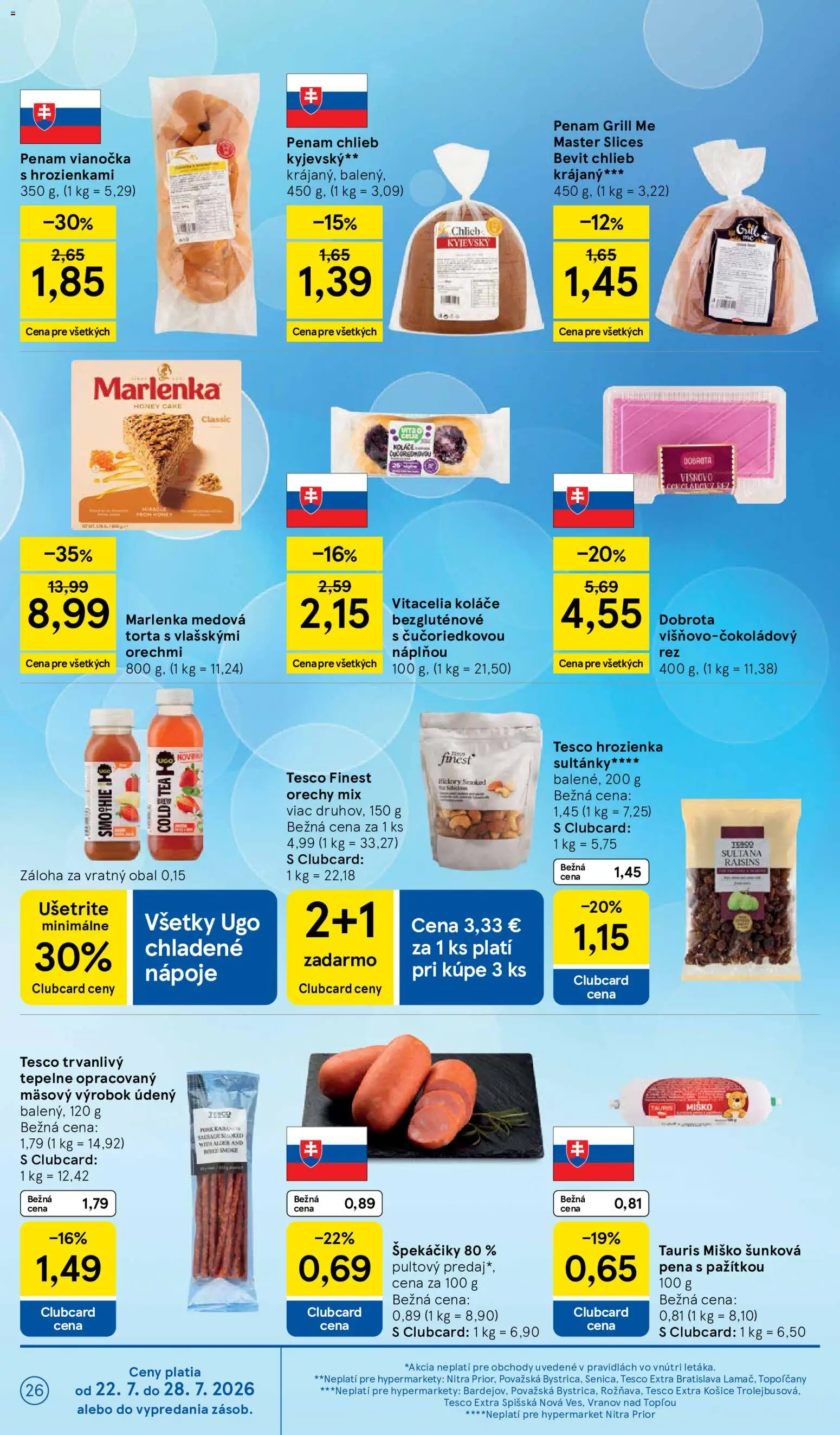 Nové Tesco akcie – leták je platný od 22.07.2026 | Strana: 26 | Produkty: Chlieb, Nápoje, Orechy, Špekáčiky