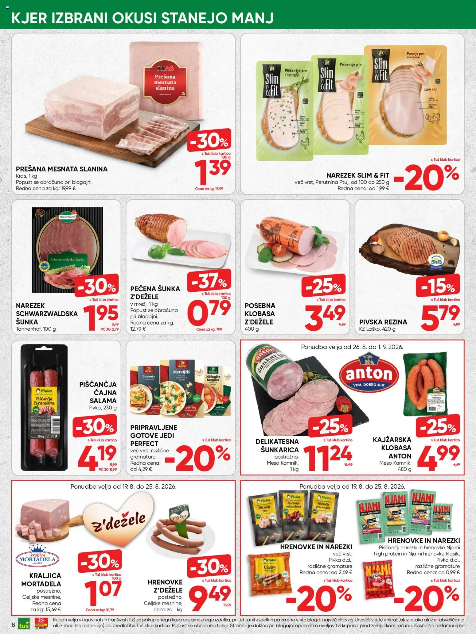 Novi Tuš katalog ponudbe – veljaven od 19.08.2026 | Stran: 6 | Izdelki: Narezek, Salama, Sunka, Lazanja