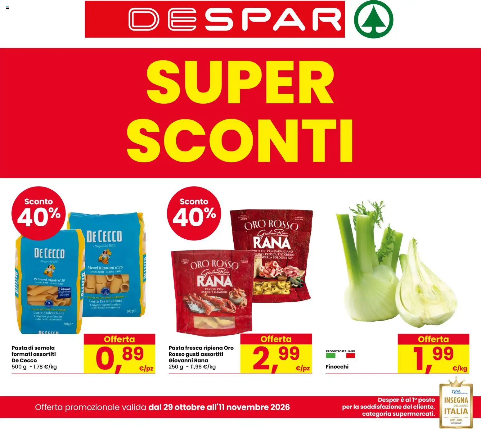 Volantino Despar del 29/10/2026 | Pagina: 1 | Prodotti: De Cecco, Prosciutto, Mortadella, Parmigiano