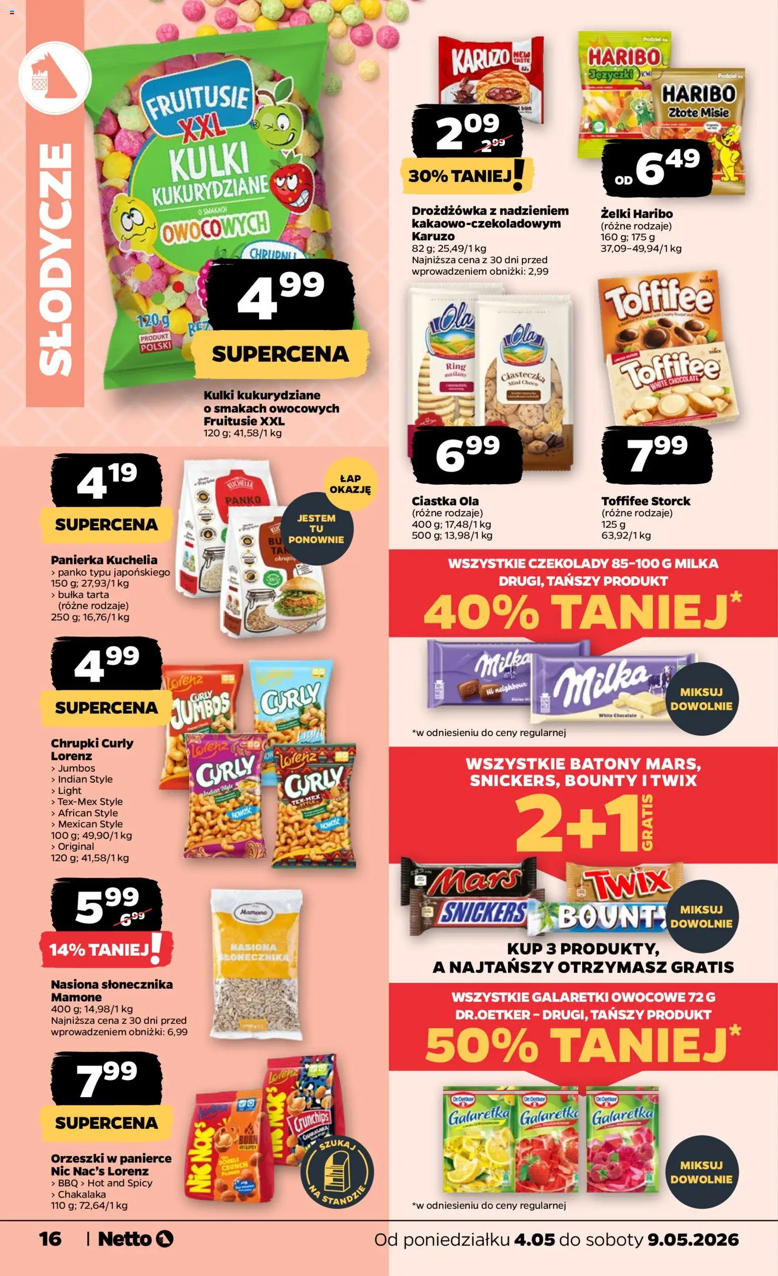 Netto gazetka od poniedziałku spożywcza od 04.05.2026 | Strona: 16 | Produkty: Żelki haribo, Słodycze, Chrupki, Toffifee