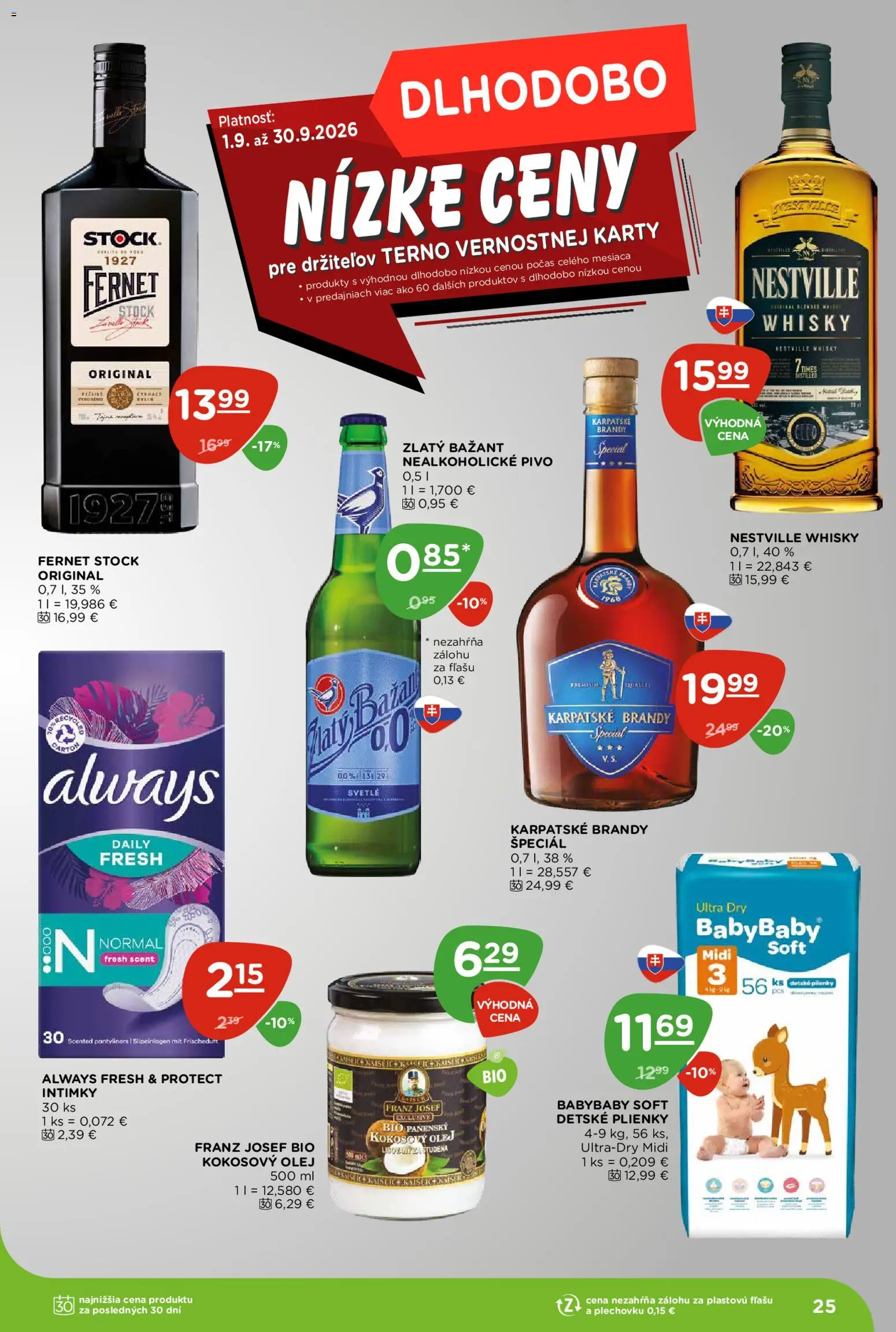 Nové Terno akcie – leták je platný od 27.08.2026 | Strana: 25 | Produkty: Zlatý Bažant, Brandy, Whisky, Nealkoholické pivo