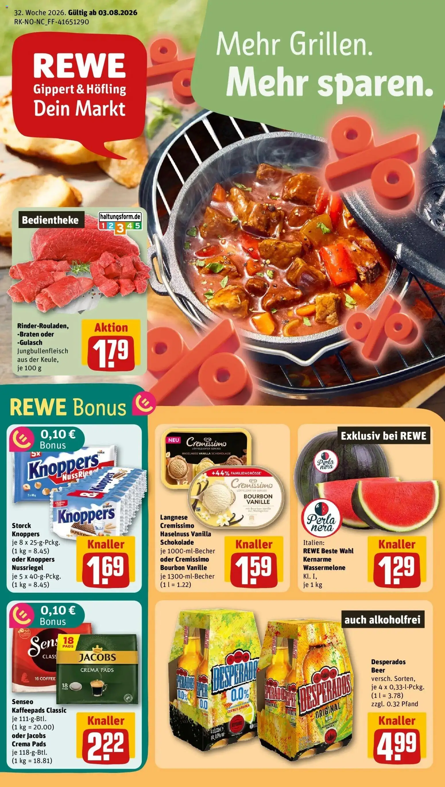 REWE Prospekt ab 03.08.2026 zum Blättern » Angebote | Seite: 1 | Produkte: Langnese, Cremissimo, Knoppers, Wassermelone