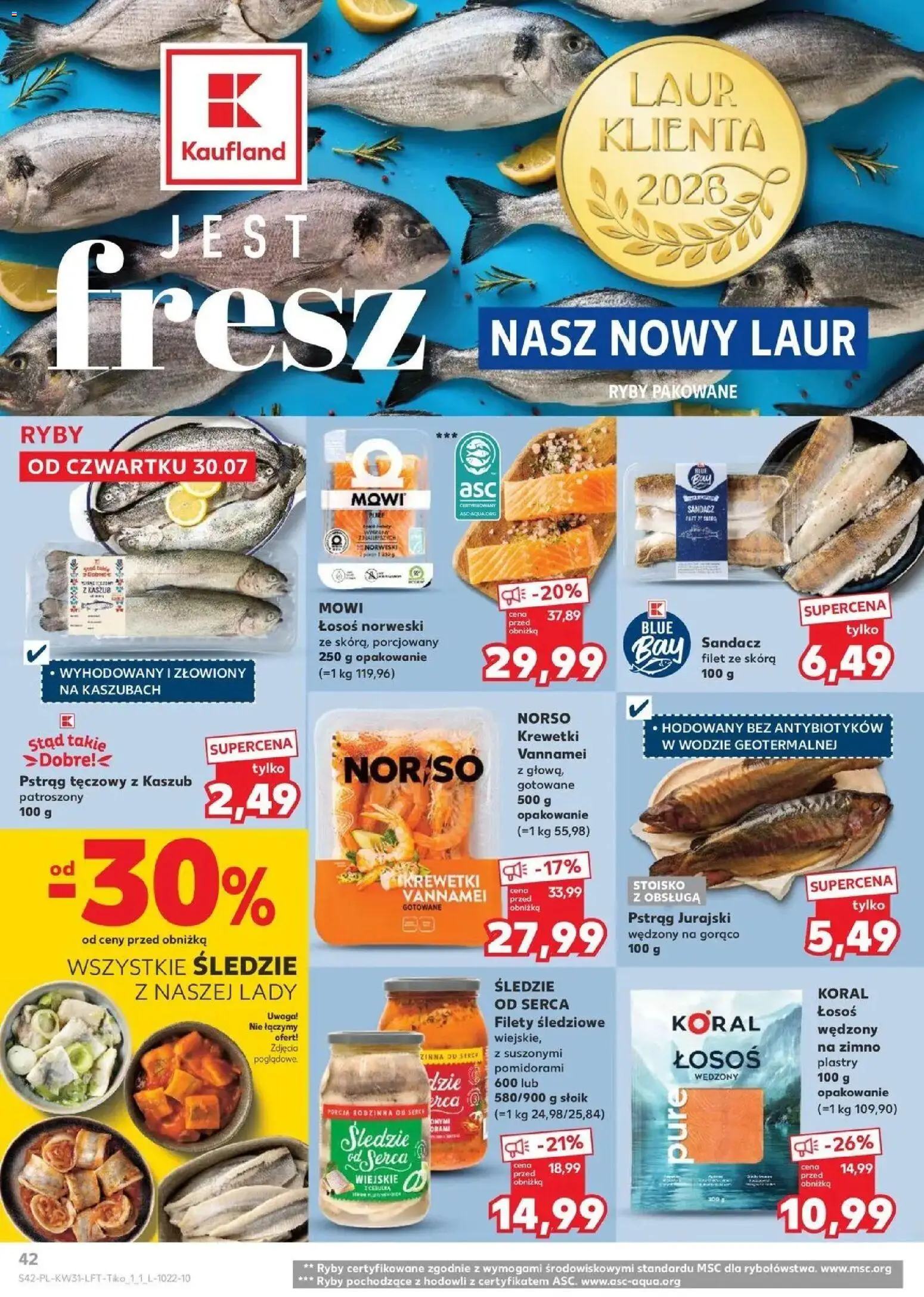 Kaufland gazetka od 30.07.2026 | Strona: 42 | Produkty: Pstrąg tęczowy, Filet, Krewetki vannamei, Łosoś wędzony na zimno