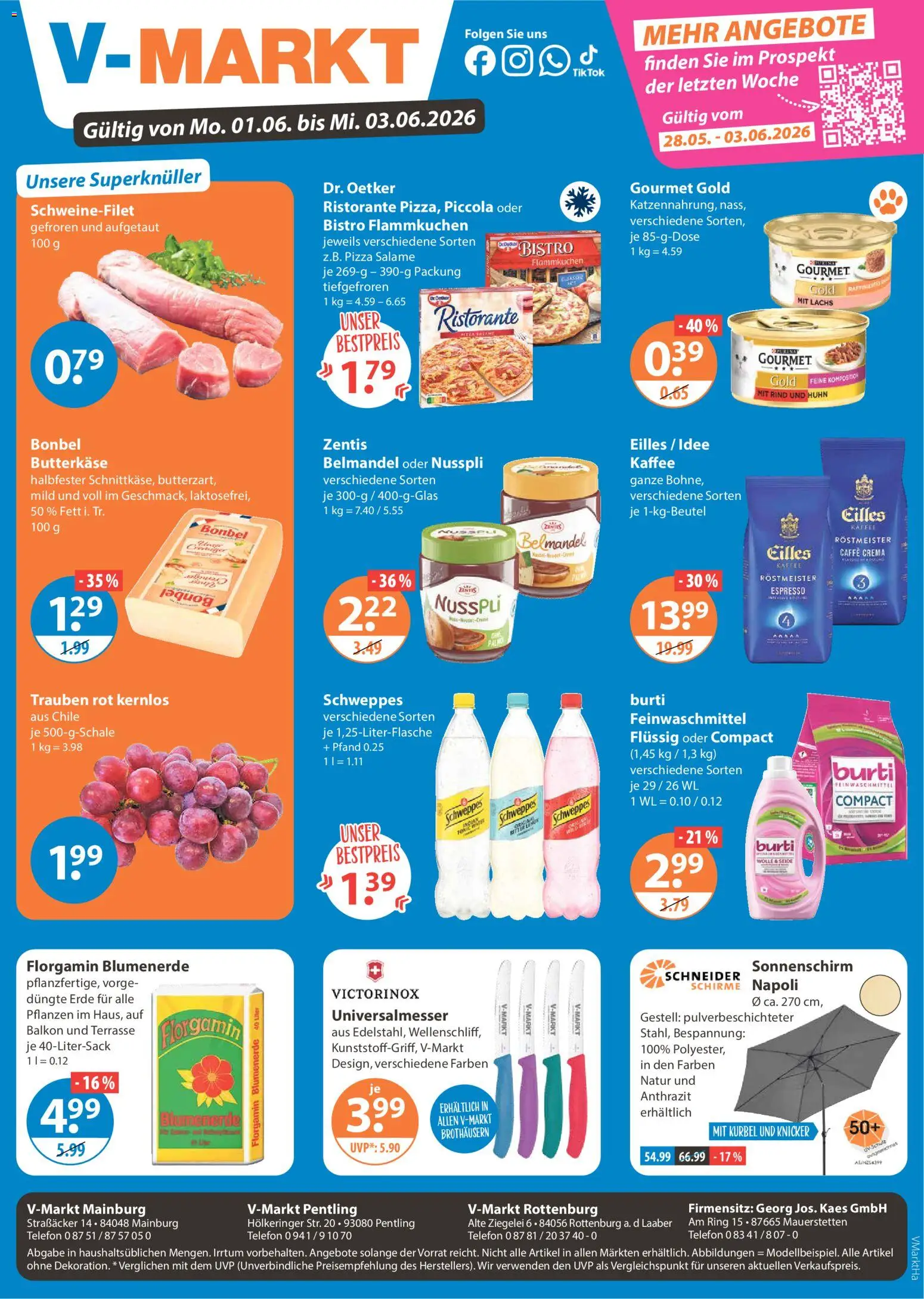 V-Markt Hallertau / Oberpfalz ab Montag – gültig ab 01.06.2026 | Seite: 1 | Produkte: Trauben, Kaffee, Blumenerde, Pizza