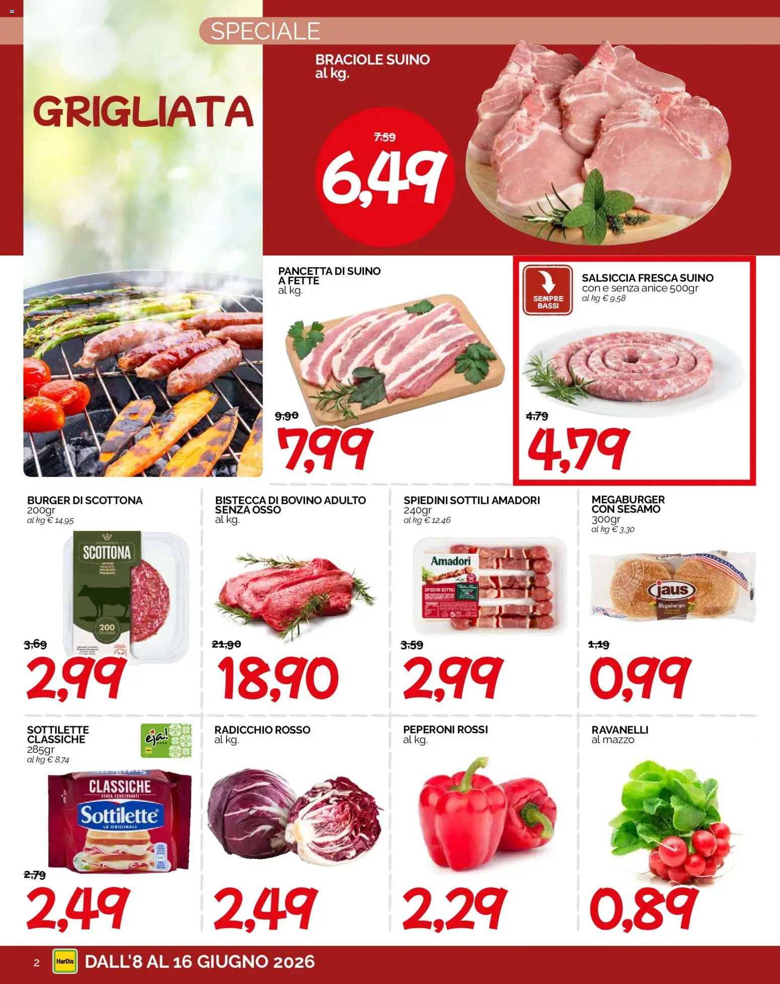 Volantino HarDis del 08.06.2026 | Pagina: 2 | Prodotti: Suino, Salsiccia, Ravanelli, Spiedini