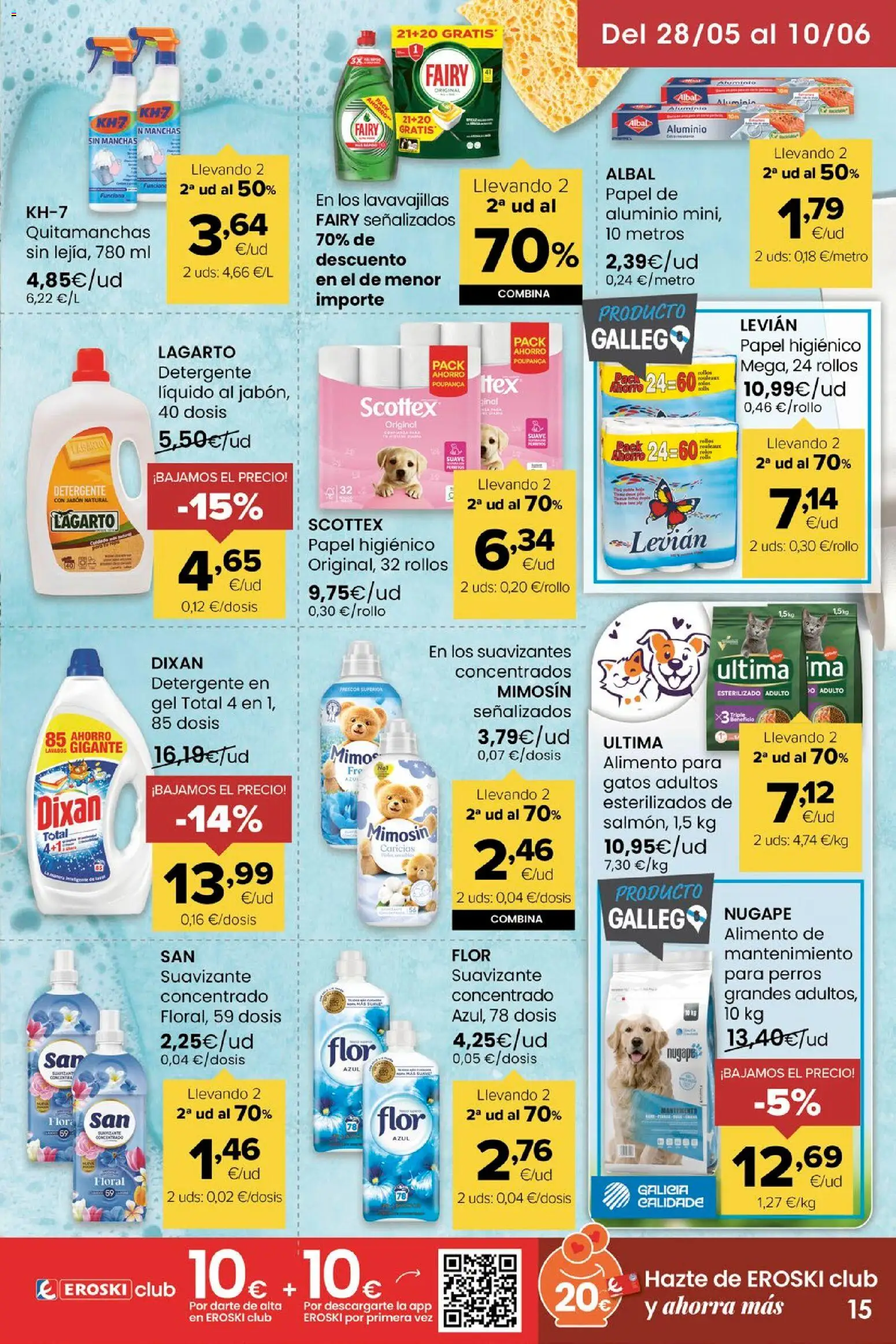 Eroski Miramos por ti! │ válido desde el 28.05.2026 | Página: 15 | Productos: Quitamanchas, Detergente, Papel higienico, Lavavajillas