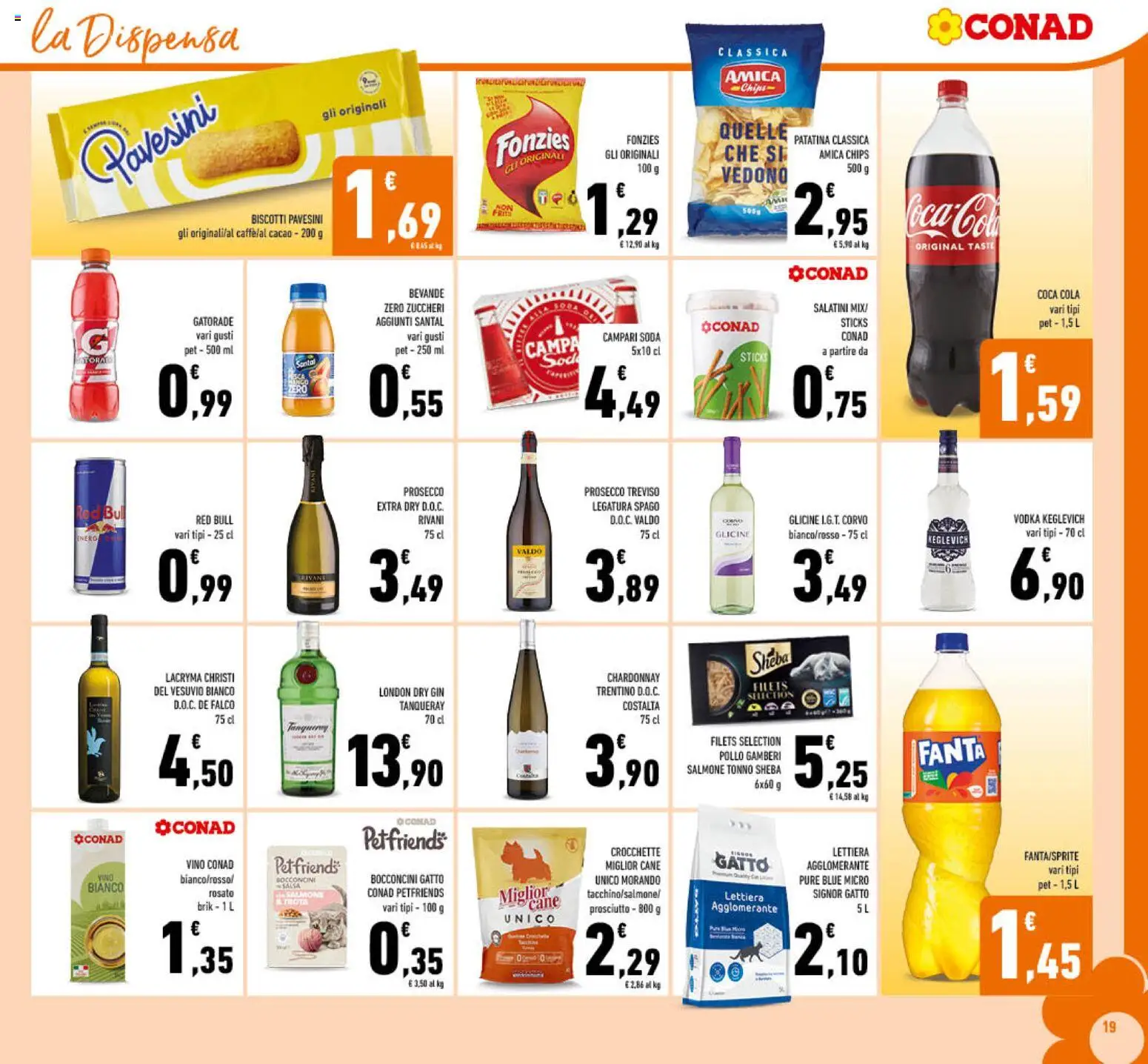 Volantino Conad del 29/07/2026 | Pagina: 19 | Prodotti: Salatini, Salmone, Crocchette gatto, Coca Cola Zero