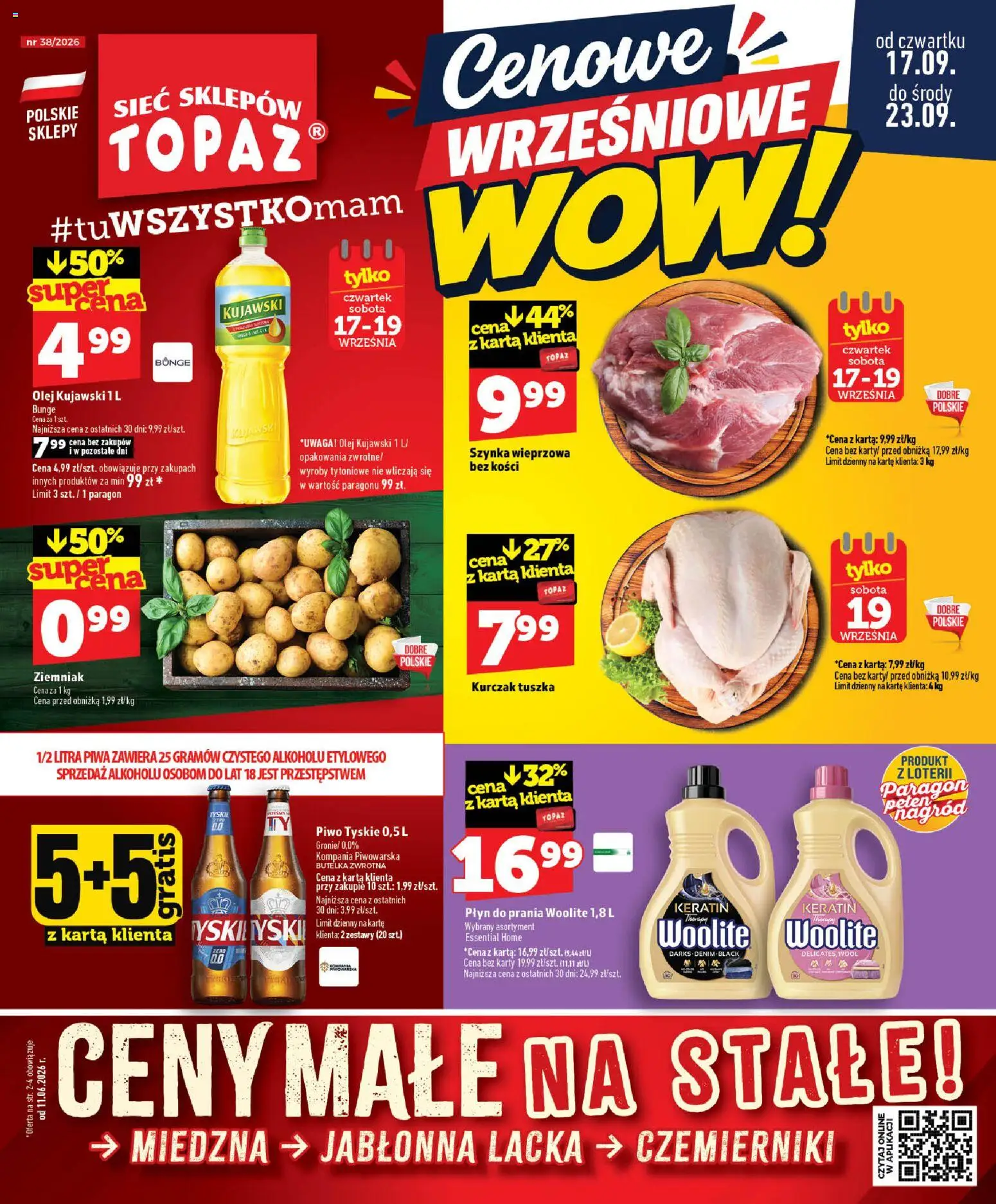 Topaz gazetka - Ceny małe na stałe od 17.09.2026 | Strona: 1 | Produkty: Karta, Szynka, Olej kujawski, Piwo