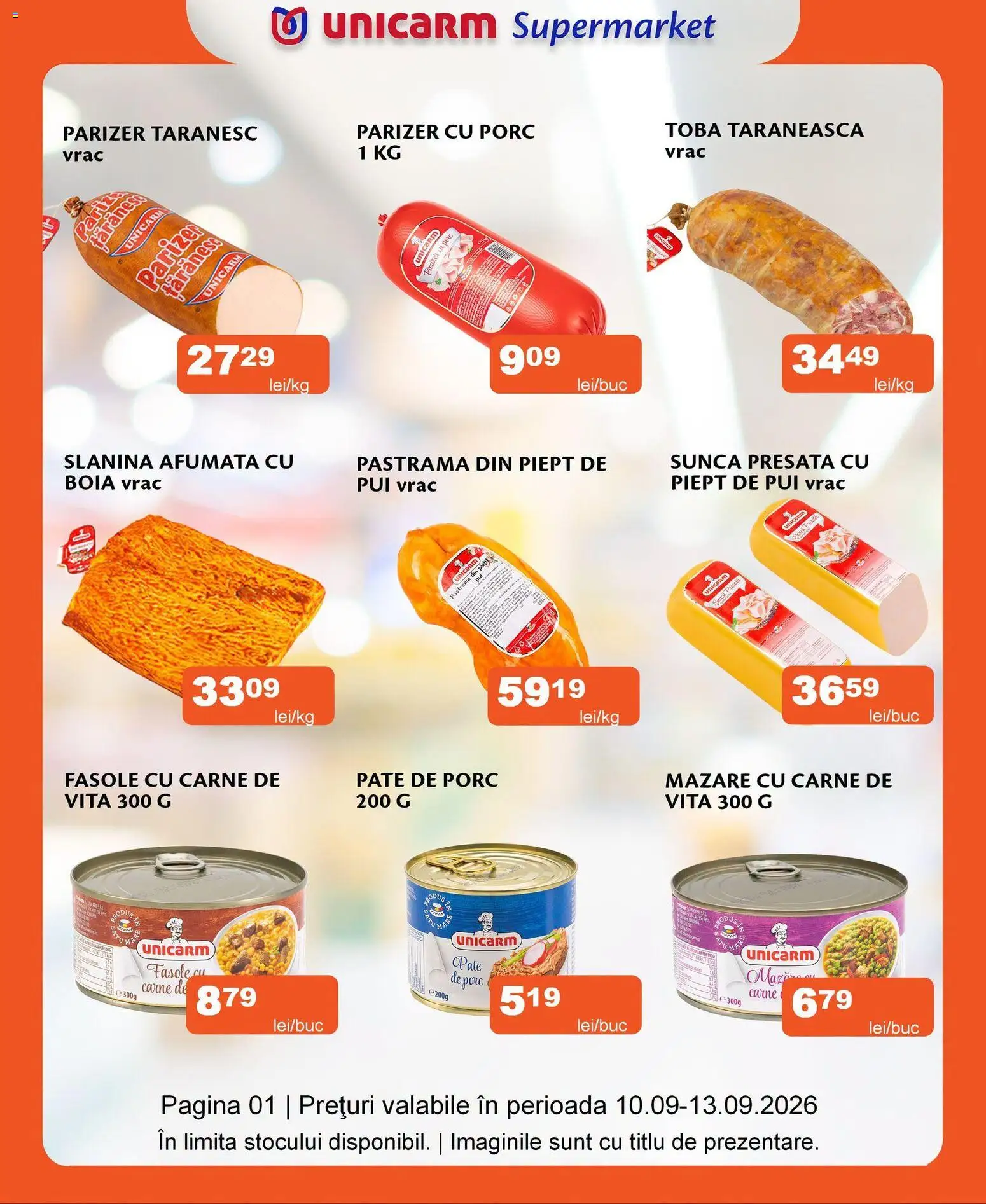 Noul catalog Unicarm – valabil de la 10.09.2026 | Pagină: 2 | Produse: Pui, Pate, Șuncă, Parizer