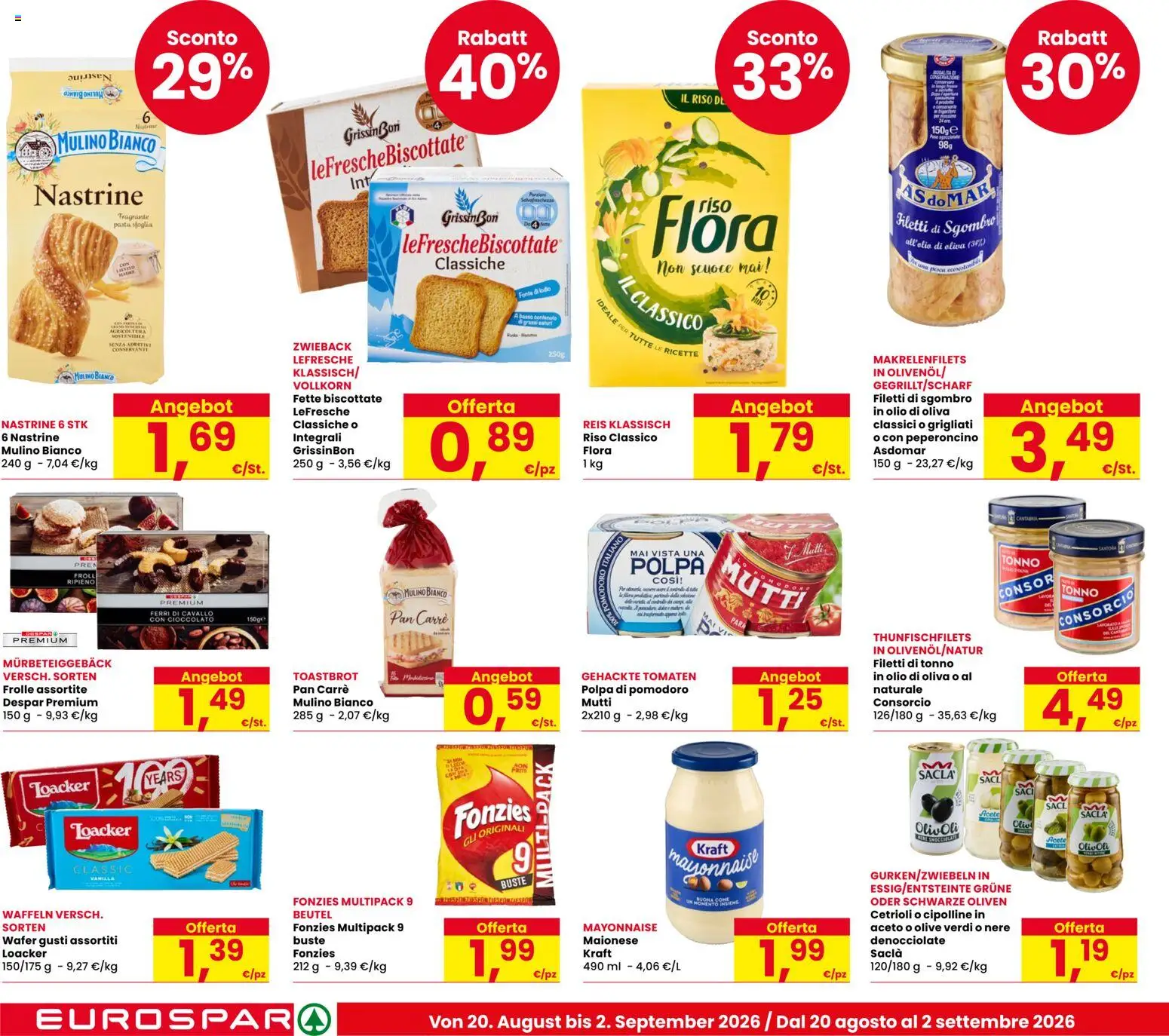 Volantino Eurospar del 20/08/2026 | Pagina: 20 | Prodotti: Cioccolato, Riso, Olive, Mutti