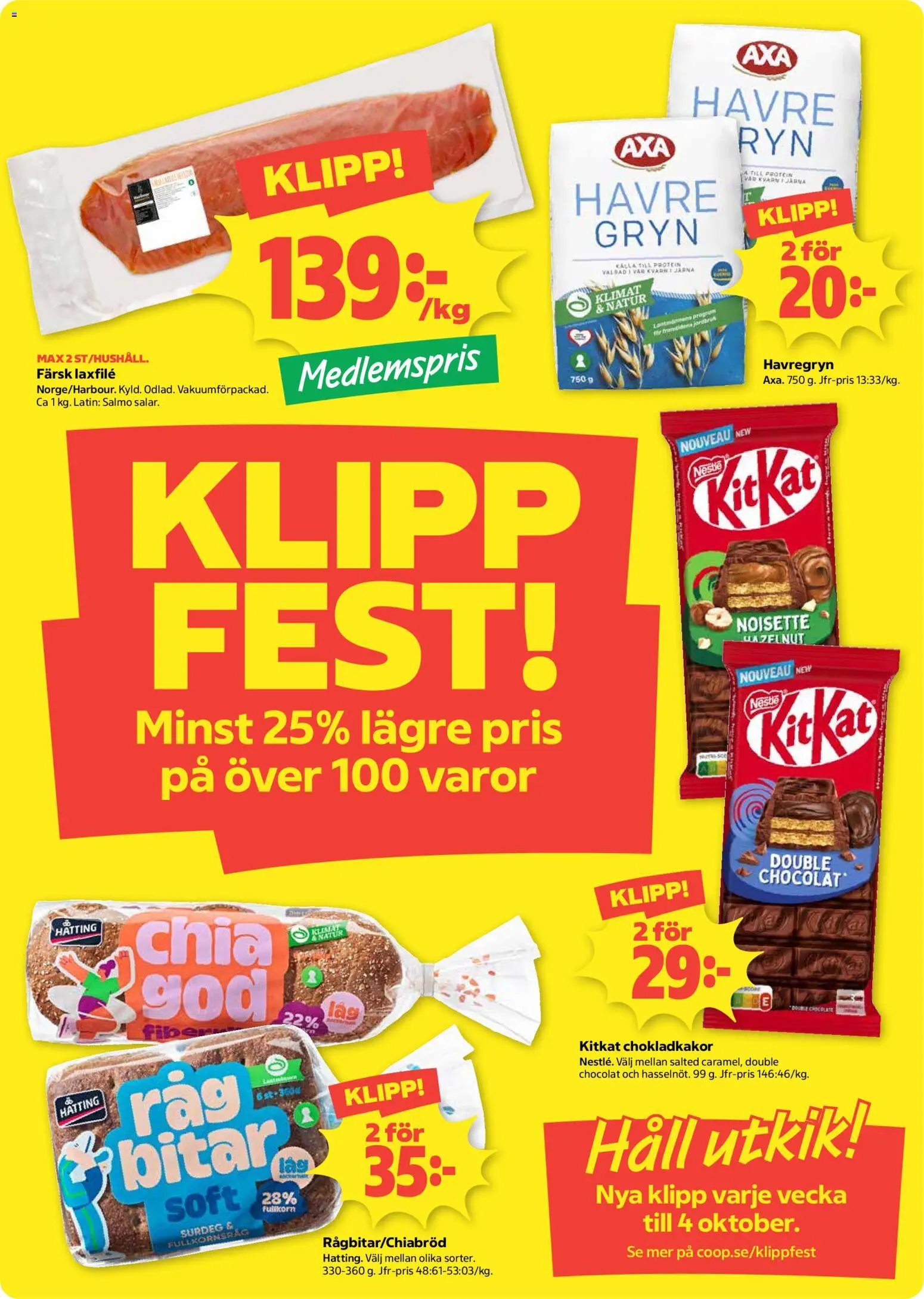 Coop Daglivs reklamblad aktuell från 14/09/2026 | Sida: 11 | Produkter: Havregryn, Laxfilé, Häll, Protein