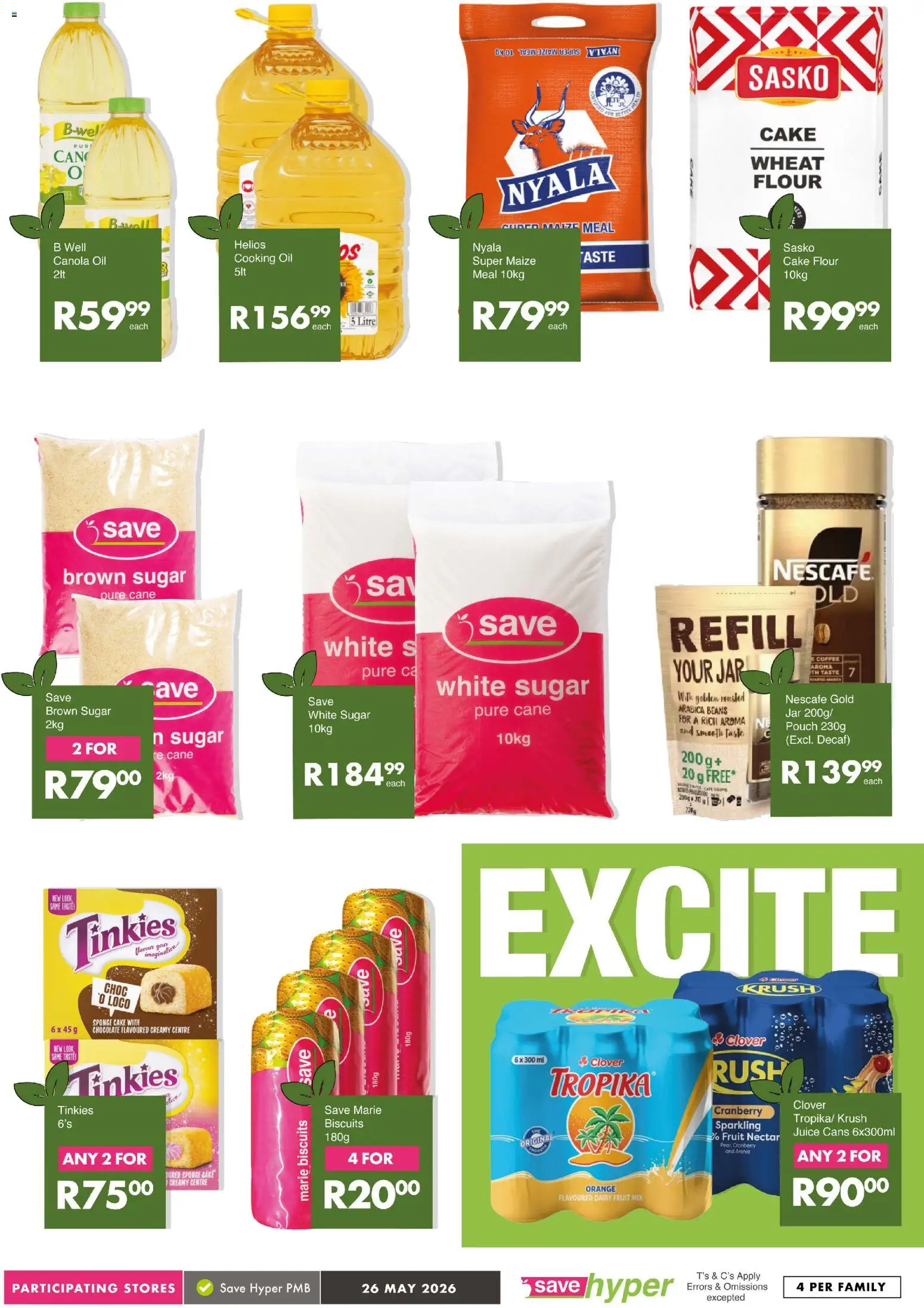 New Save catalogue – valid from 26.05.2026 | Page: 10 | Products: Maize meal, Oil, Fruit, Sugar