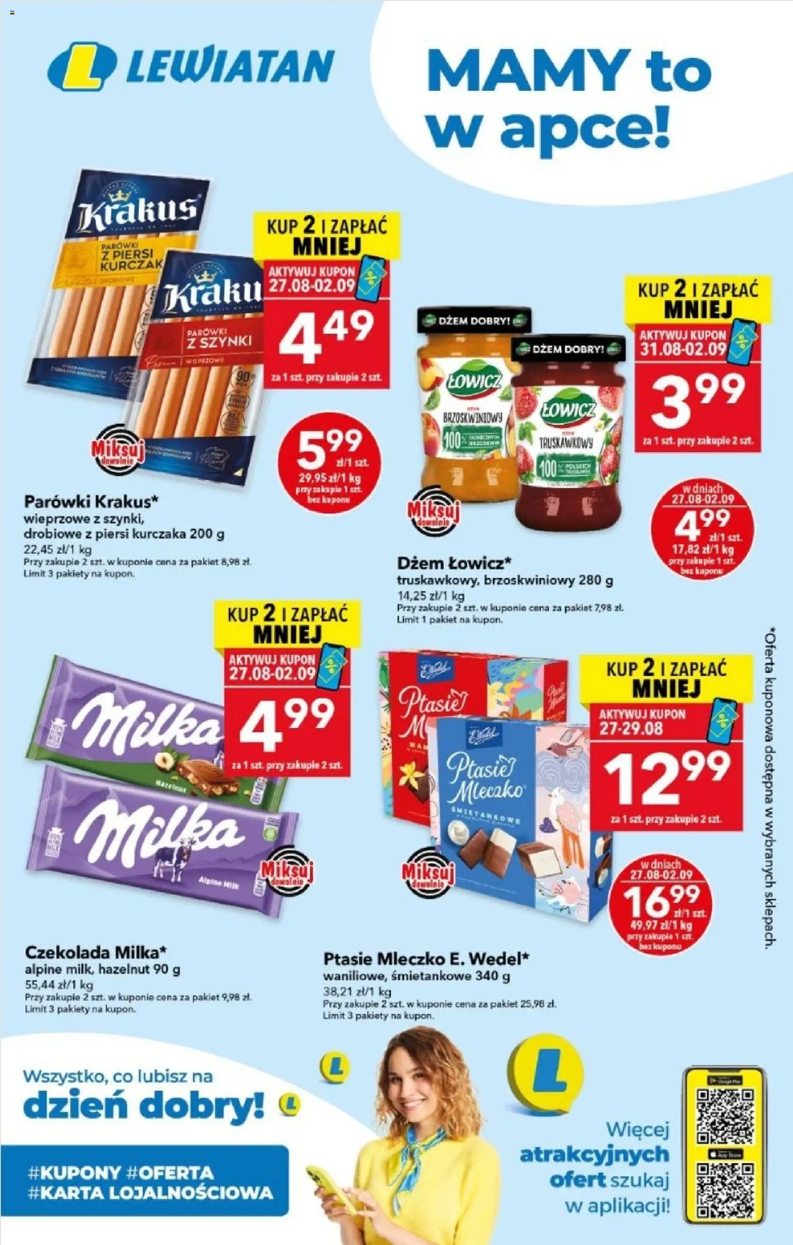 Lewiatan gazetka - Mamy to w apce od 27.08.2026 | Strona: 1 | Produkty: Kurczak, Parówki z szynki, Parówki, Dżem