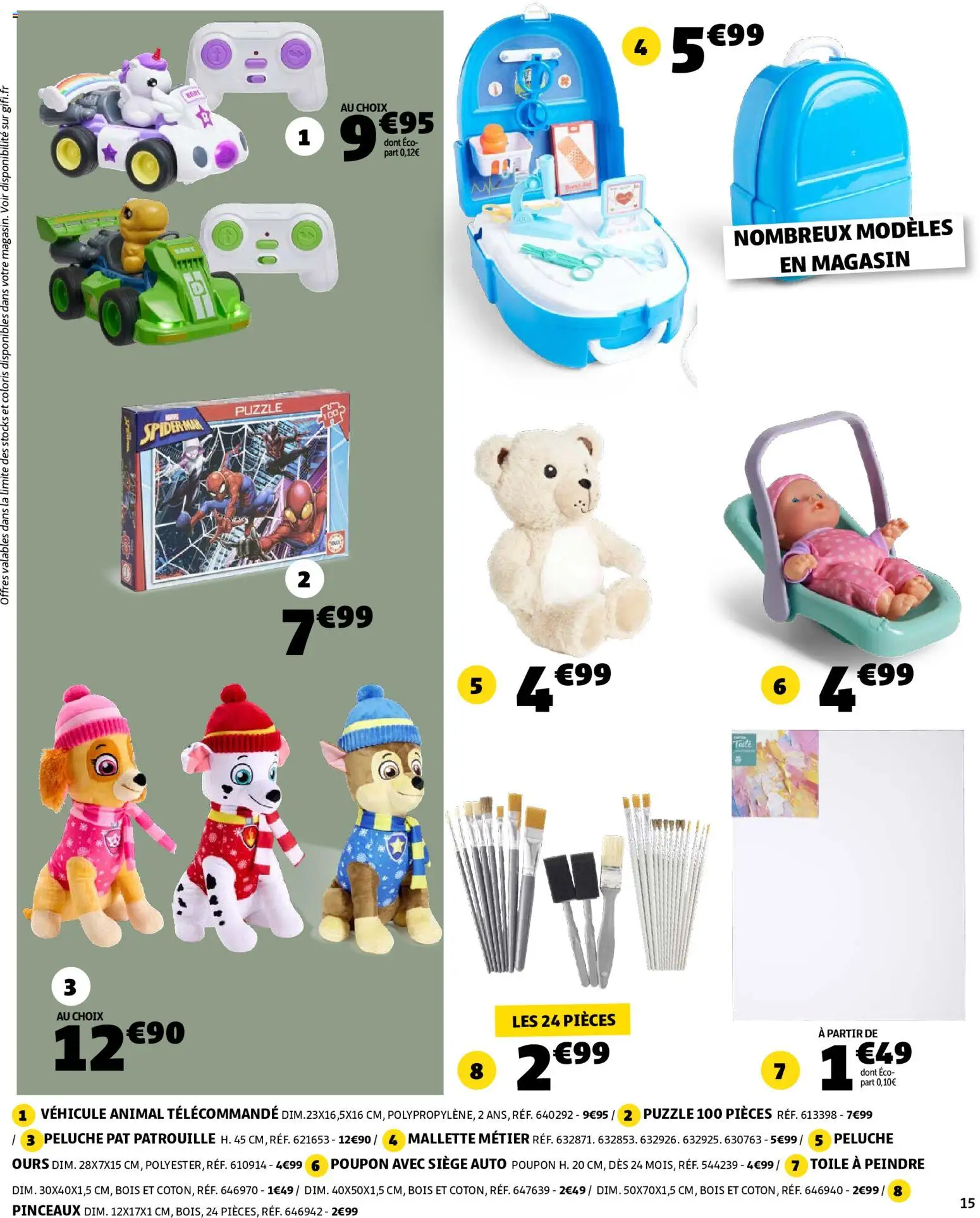{H1} | Page: 15 | Produits: Peluche ours, Pinceaux, Télécommande, Siège auto