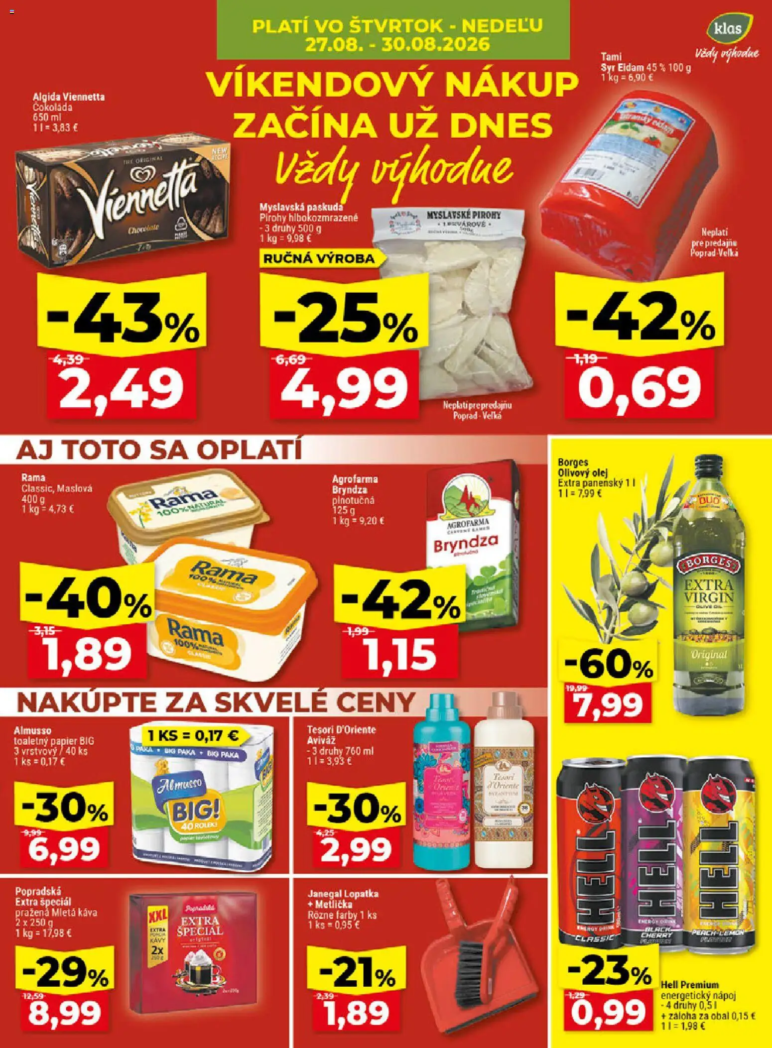 Nové Klas akcie – leták je platný od 24.08.2026 | Strana: 26 | Produkty: Syr, Pirohy, Olivový olej, Toaletný papier