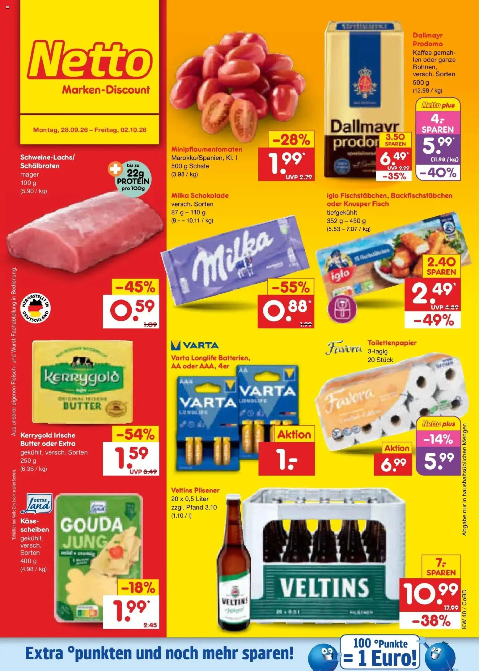 Netto Marken-Discount Prospekt Delitzsch – gültig ab 28.09.2026 | Seite: 1 | Produkte: Milka, Dallmayr prodomo, Fleisch, Toilettenpapier