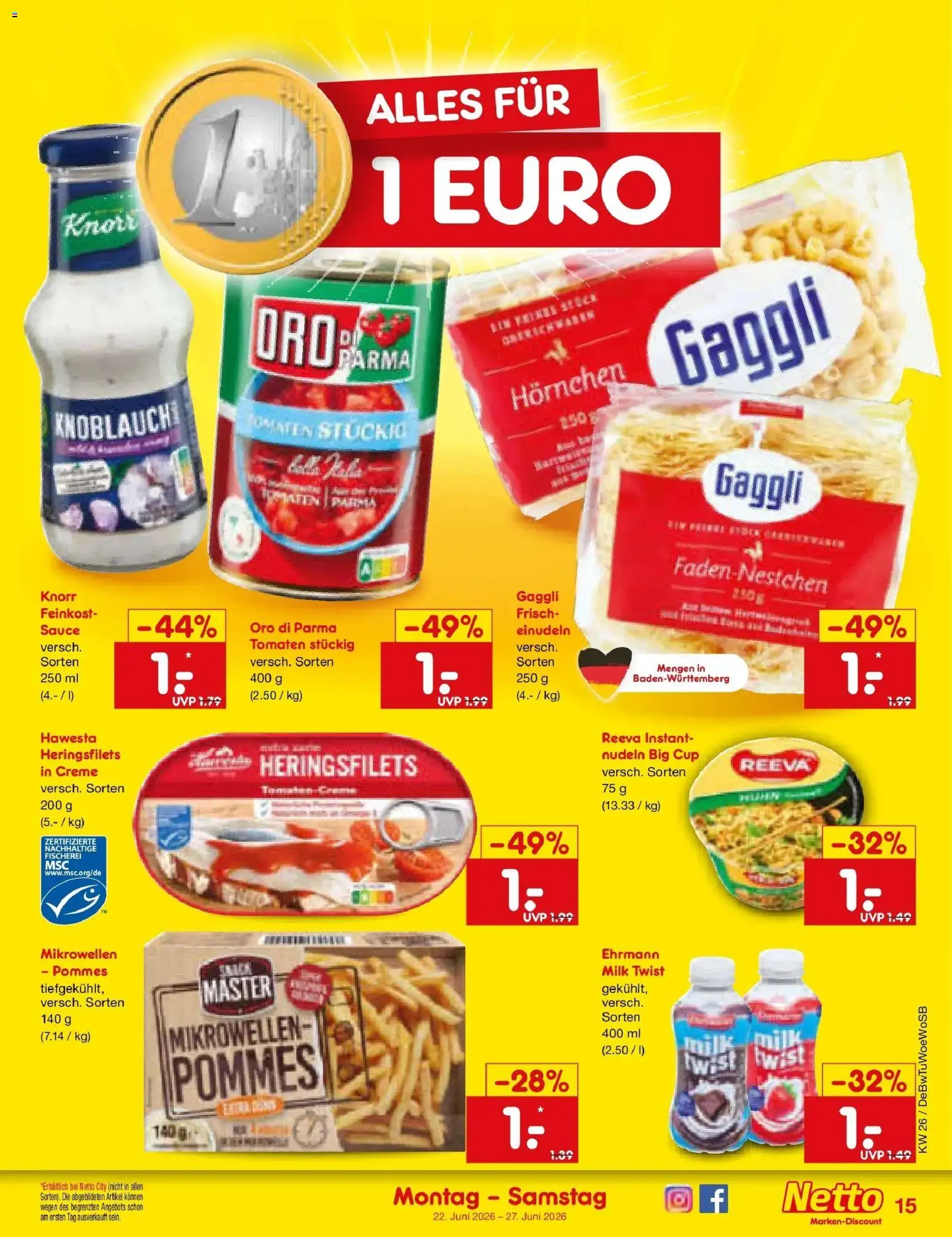 Netto Marken-Discount Prospekt Mannheim – gültig ab 21.06.2026 | Seite: 19 | Produkte: Pommes, Knorr, Oro di parma, Nudeln