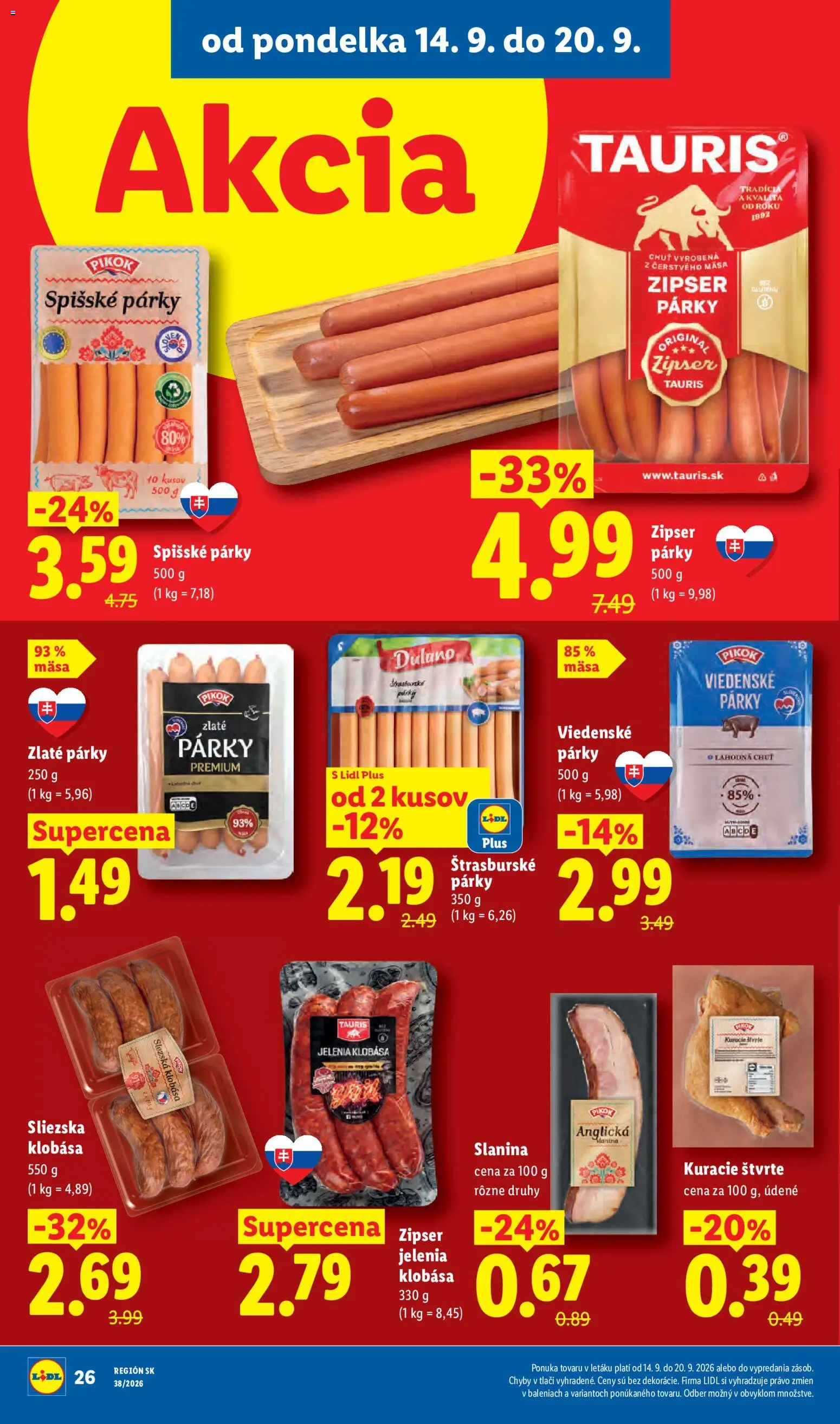 Nové Lidl akcie – leták je platný od 14.09.2026 | Strana: 36 | Produkty: Slanina, Klobása, Kuracie štvrte, Párky