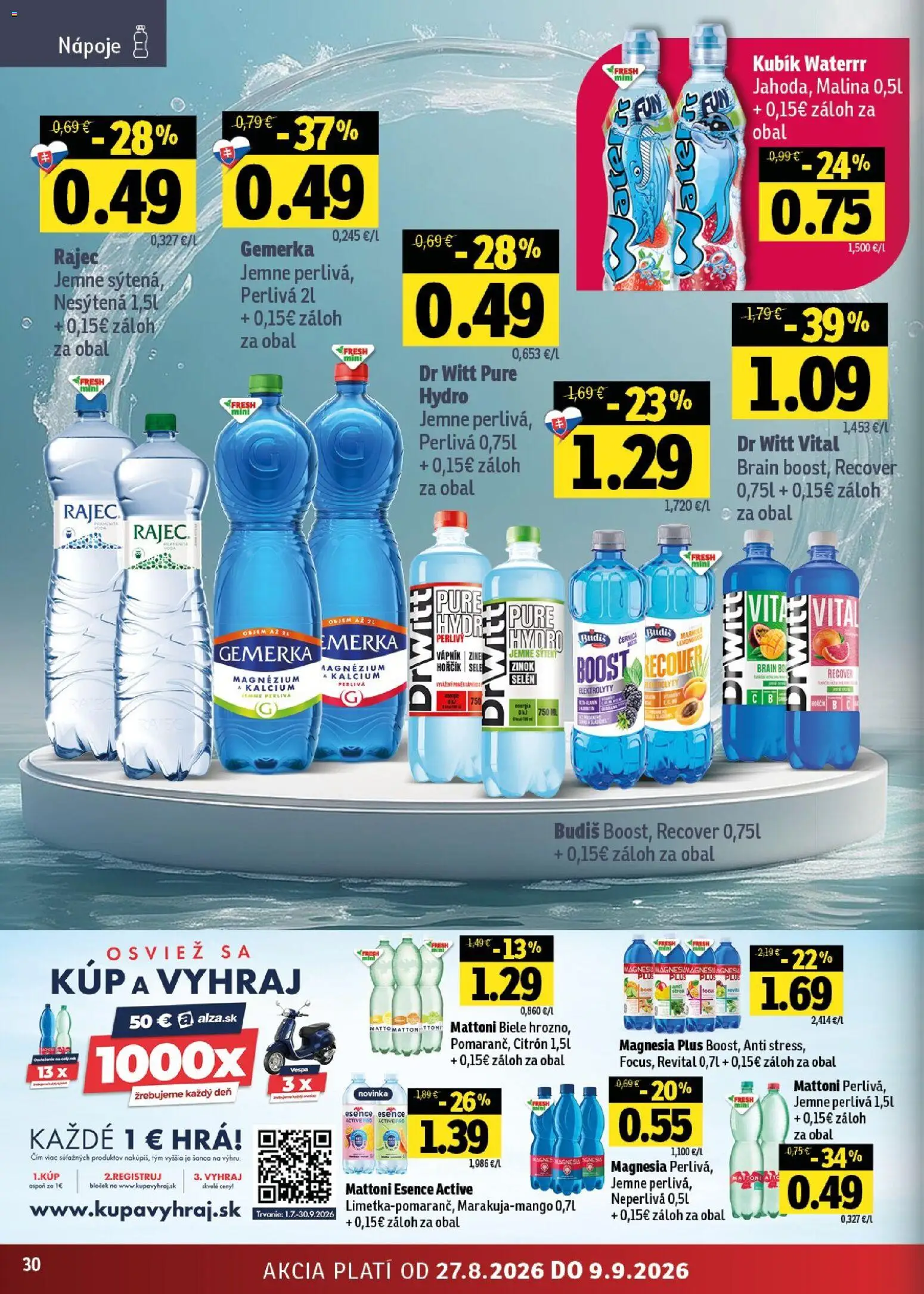 Nové Fresh akcie – leták je platný od 27.08.2026 | Strana: 30 | Produkty: Rajec, Magnesia, Hra, Mattoni