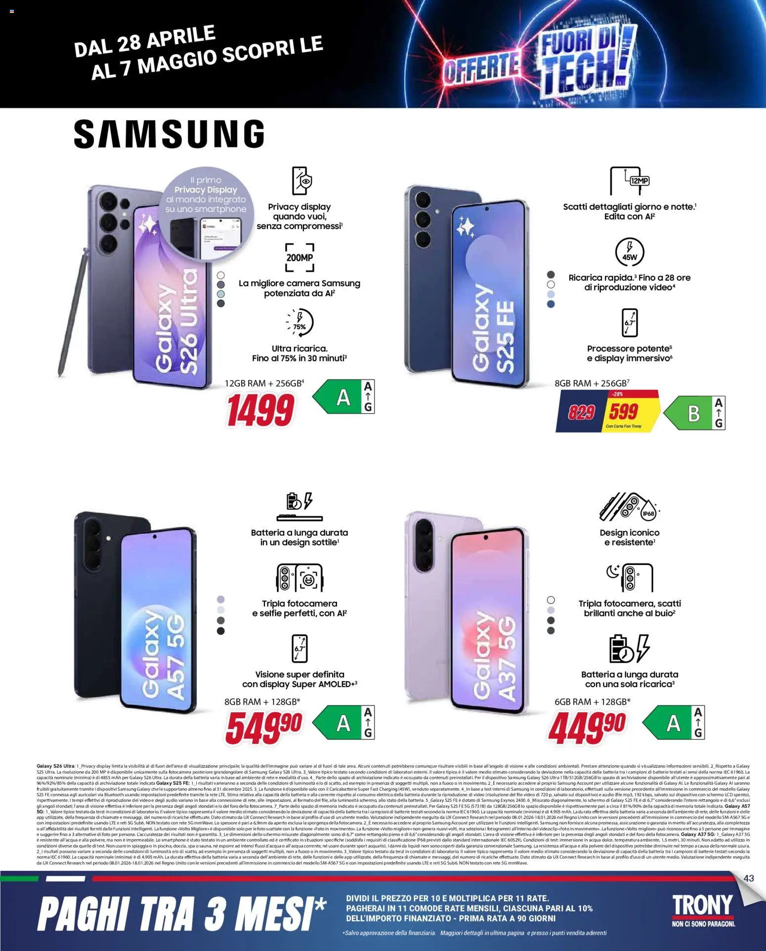 Volantino Trony del 28.04.2026 | Pagina: 43 | Prodotti: Samsung Galaxy, Smartphone, Audio, Fan