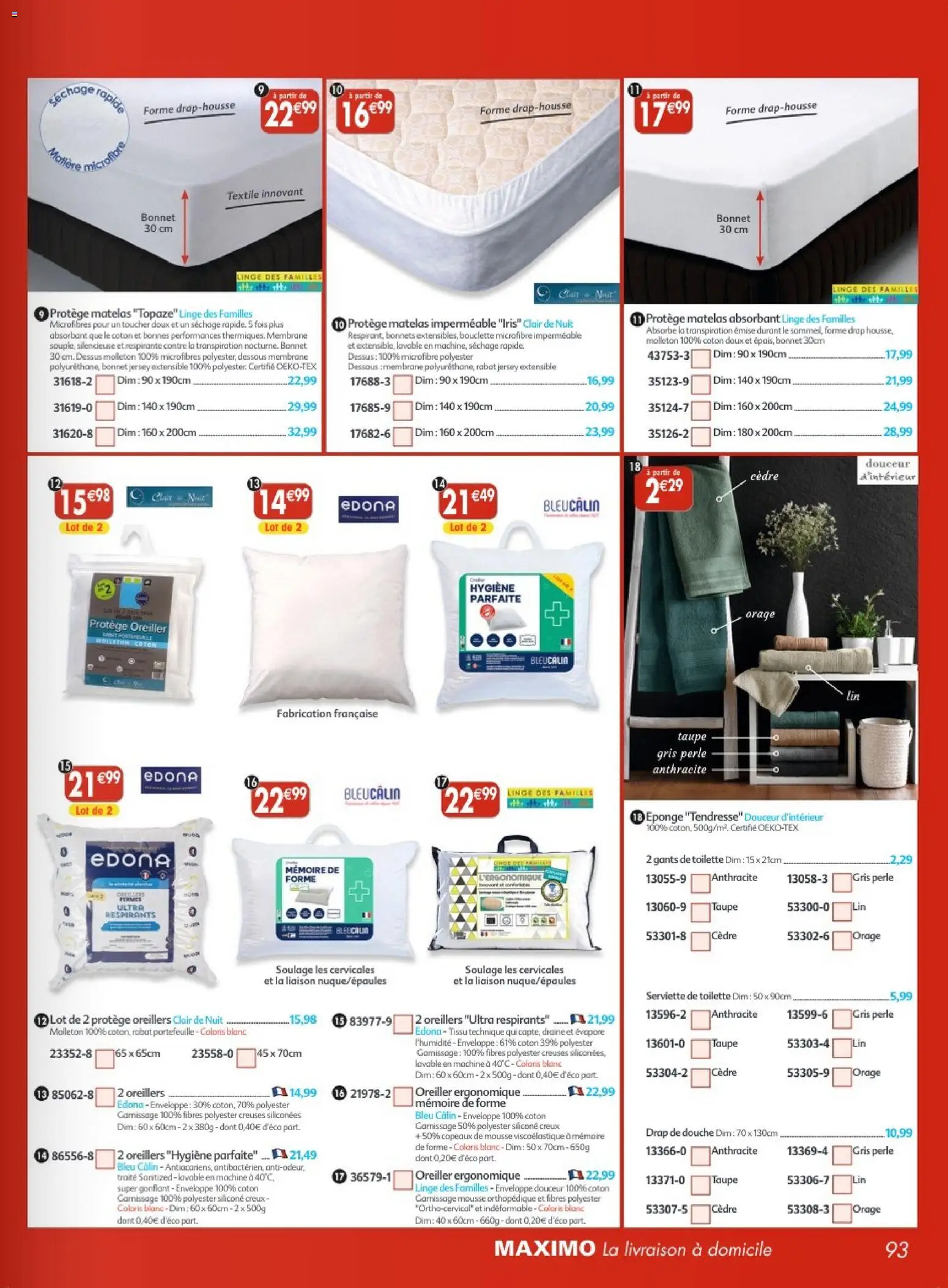 {H1} | Page: 93 | Produits: Coton, Enveloppe, Oreillers, Douche