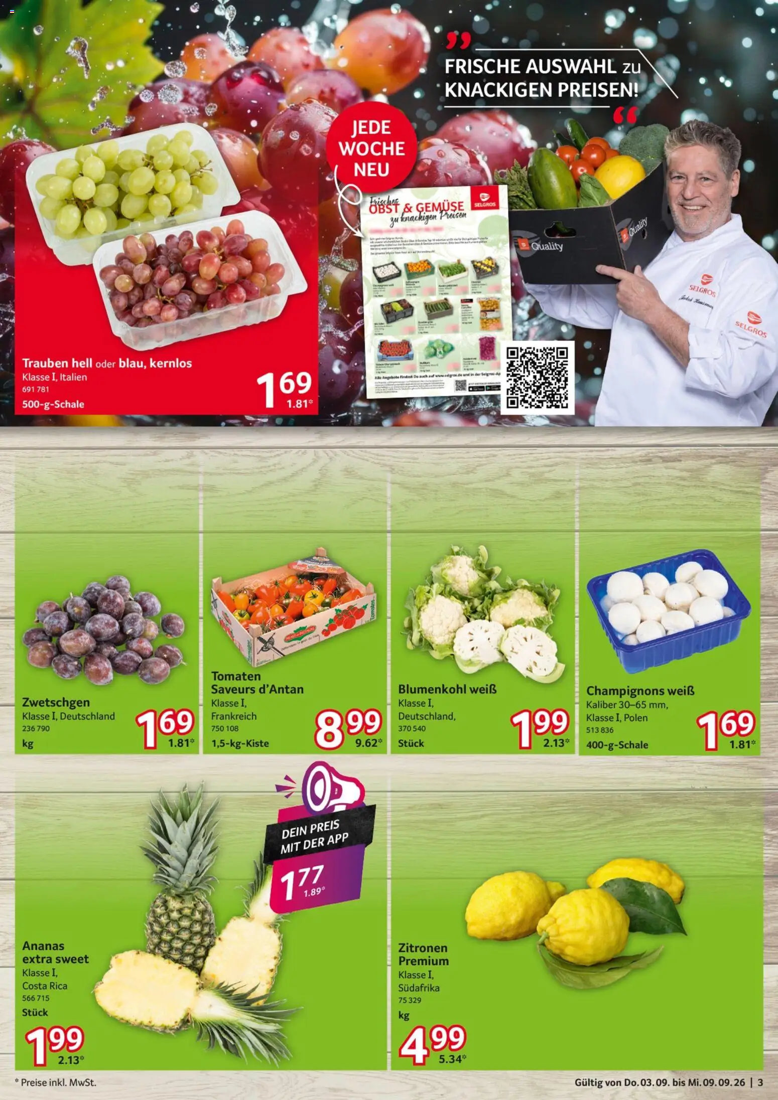 Selgros Prospekt – gültig ab 03.09.2026 | Seite: 2 | Produkte: Trauben, Zwetschgen, Champignons, Gemüse