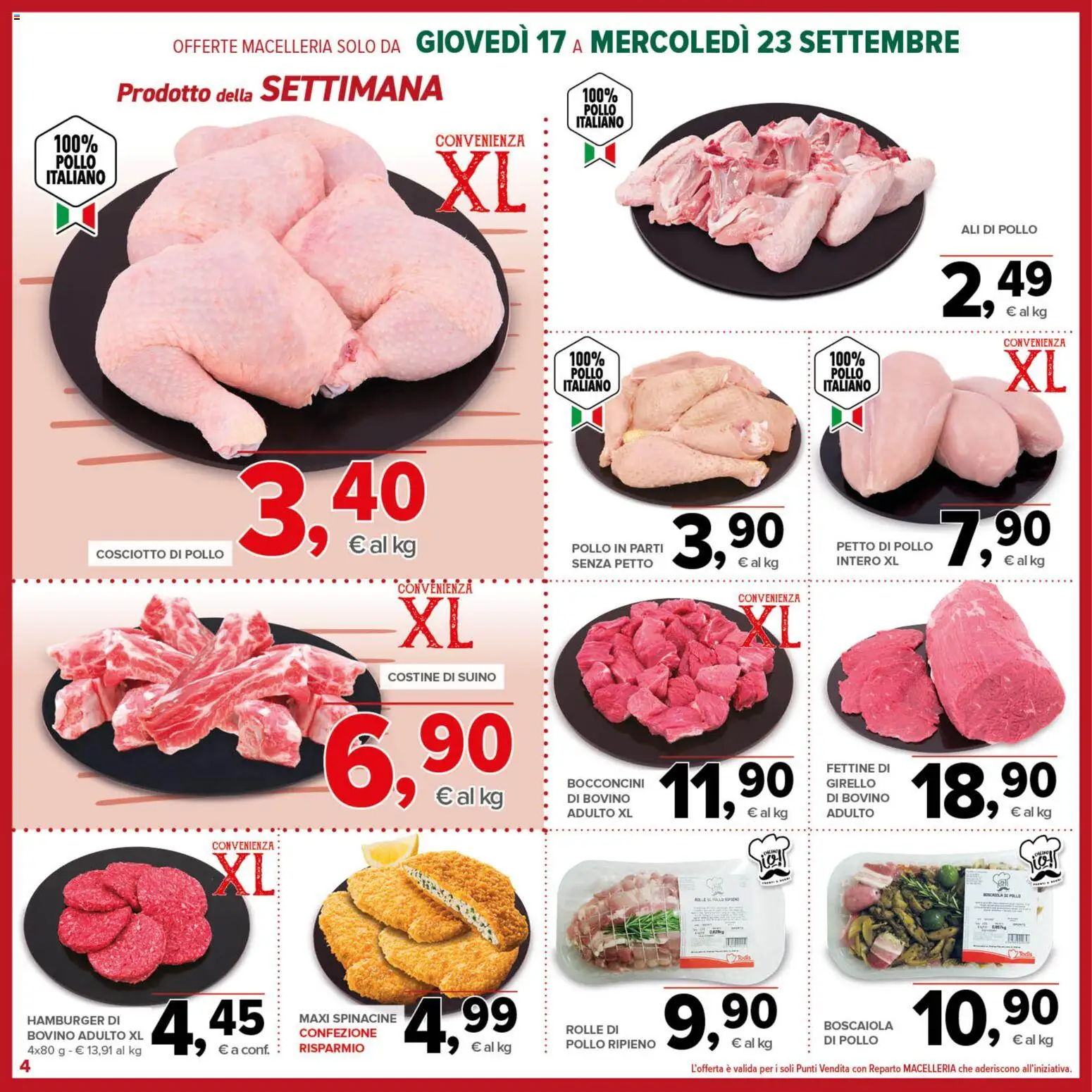 Volantino Todis del 17/09/2026 | Pagina: 4 | Prodotti: Petto di Pollo, Pollo, Girello, Ali di pollo