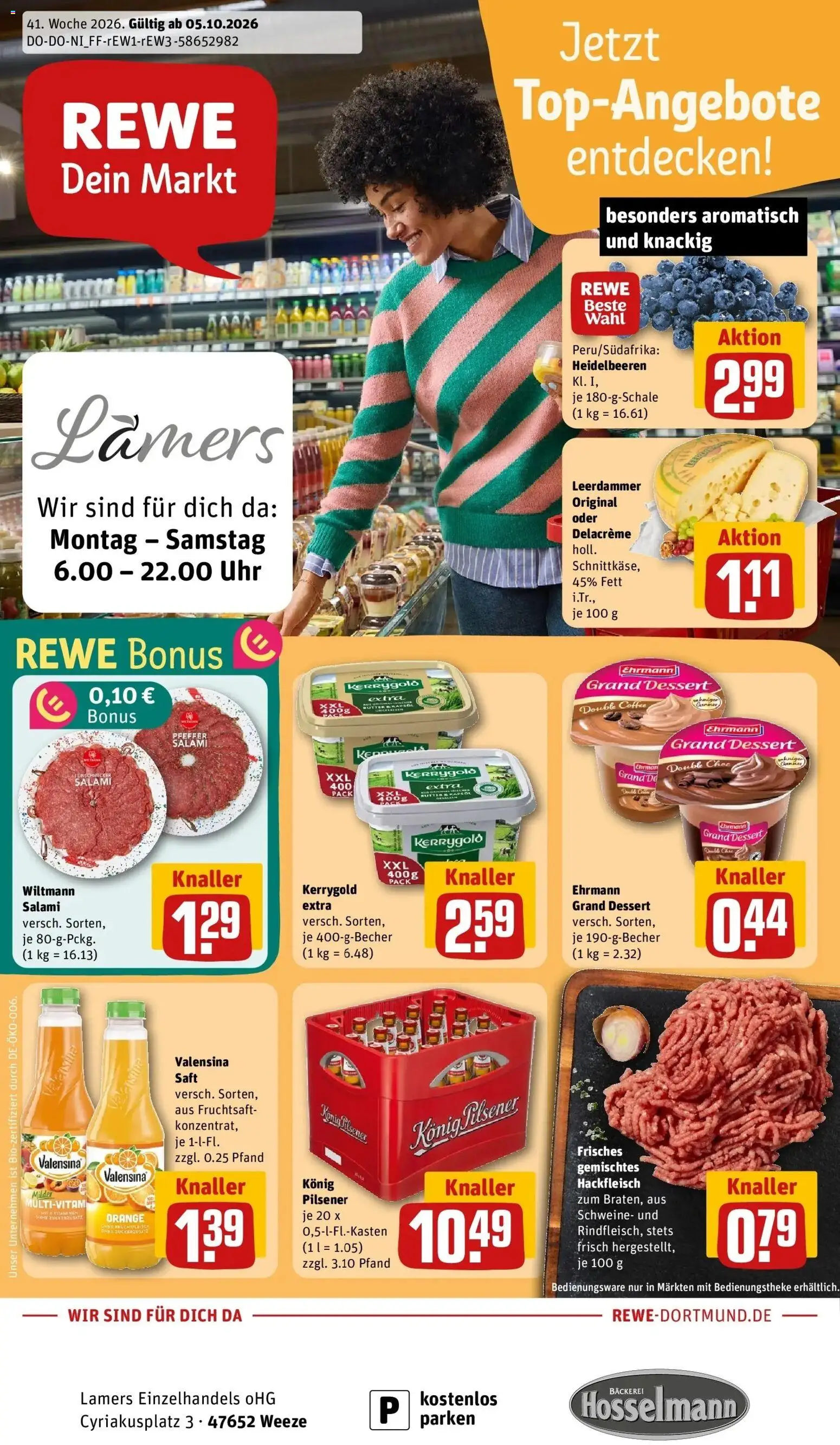 REWE Prospekt ab 05.10.2026 zum Blättern » Angebote | Seite: 1 | Produkte: Leerdammer, Salami, Saft, Uhr