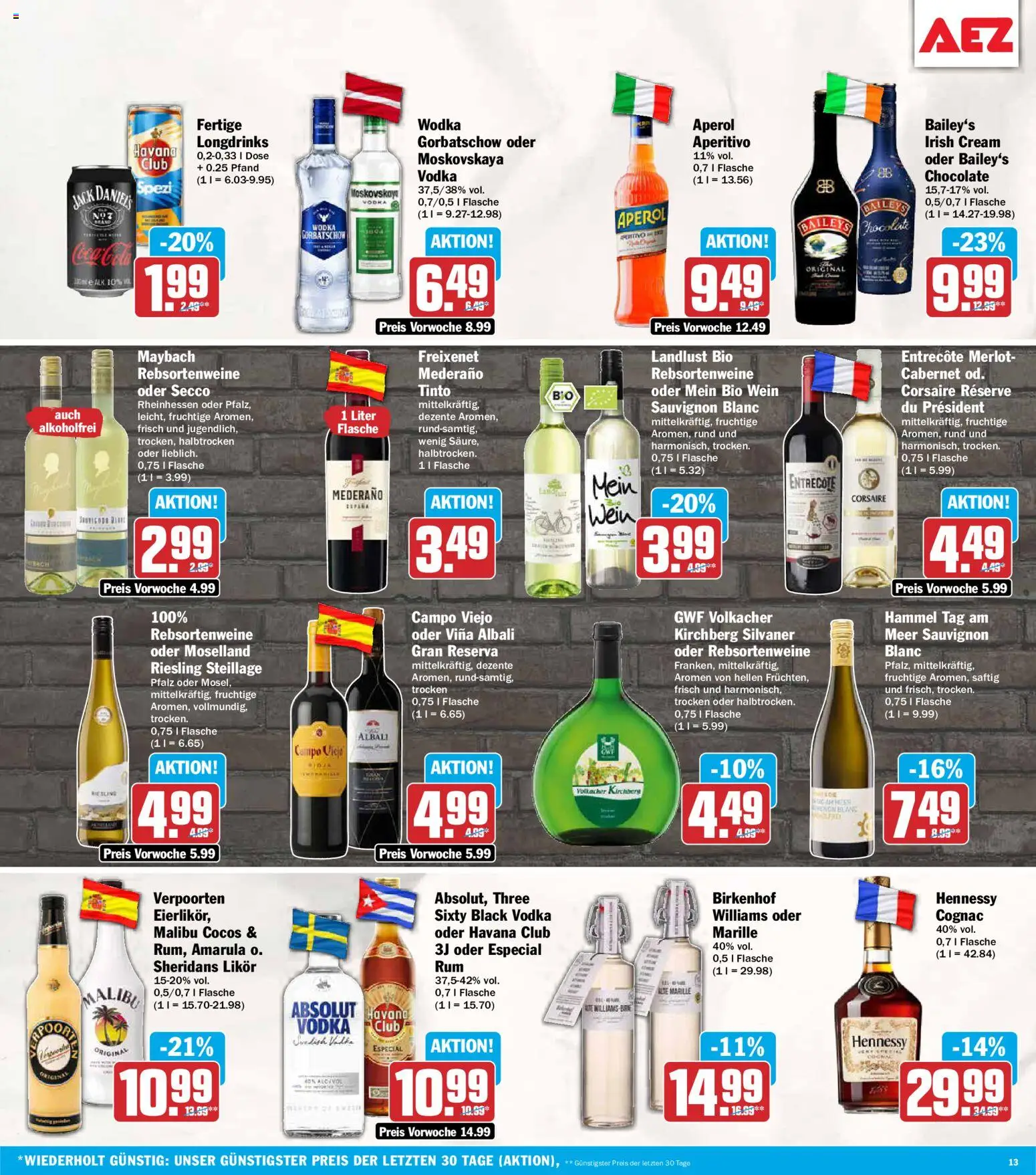 AEZ Prospekt – gültig ab 28.09.2026 | Seite: 13 | Produkte: Havana club, Jack Daniel's, Aperol, Wein