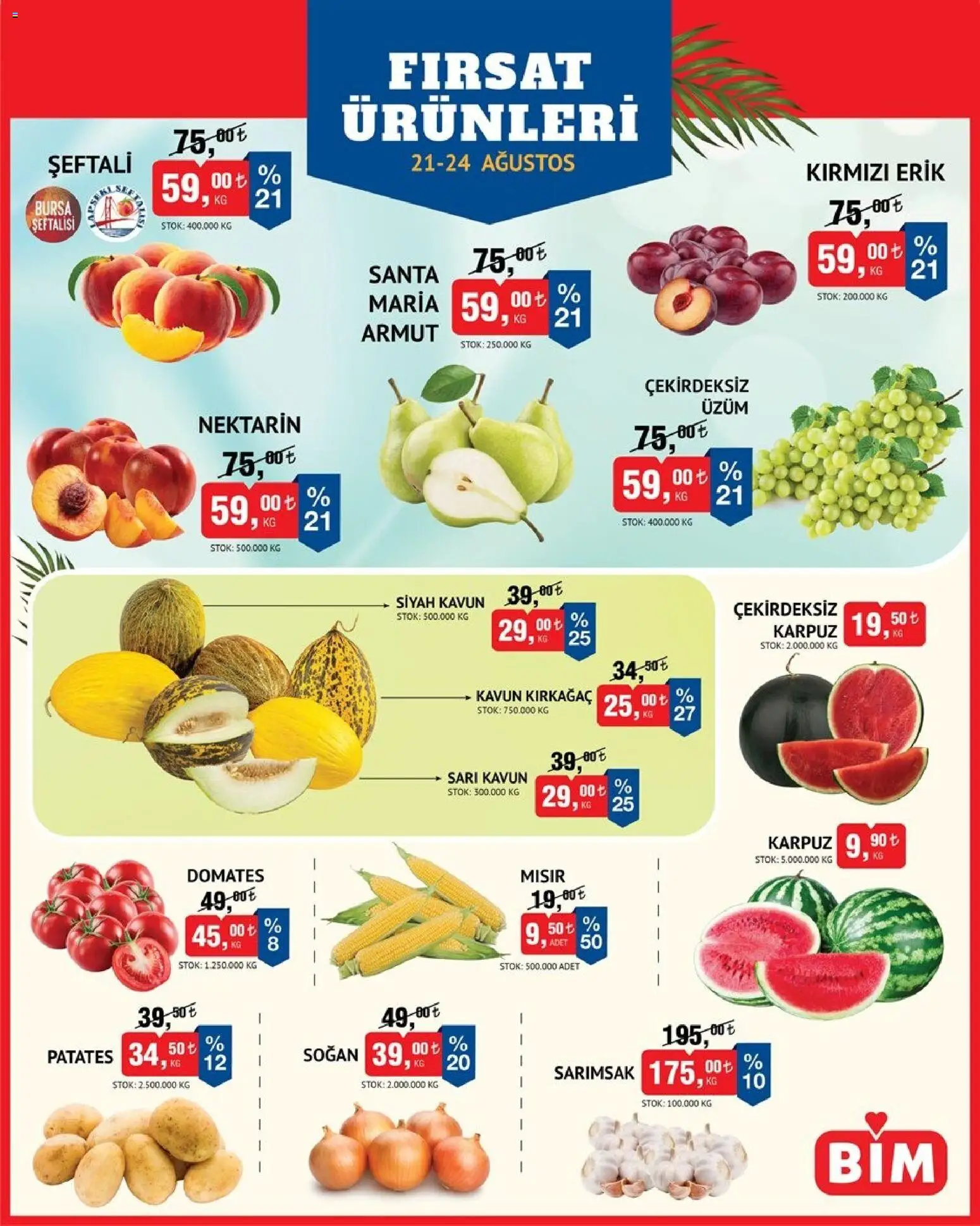 BİM - Meyve-Sebze, İndirim - 21 Ağustos 2026 tarihinden itibaren geçerlidir | Sayfa: 1 | Ürünler: Patates, Armut, Mısır, Sarı kavun