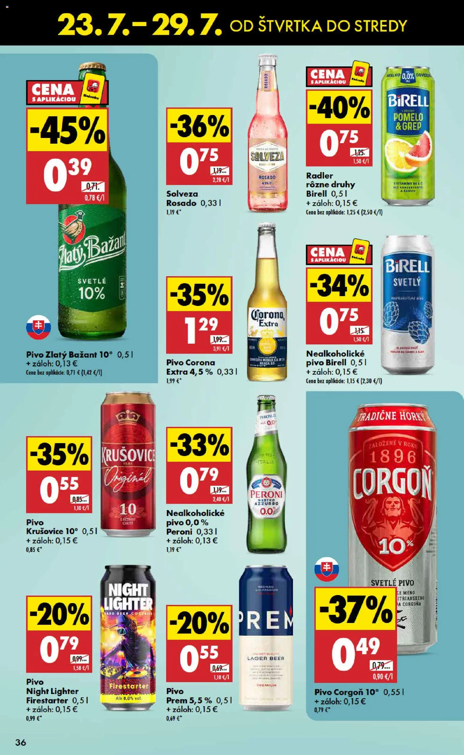 Nové Biedronka akcie – leták je platný od 23.07.2026 | Strana: 36 | Produkty: Birell, Radler, Corgoň, Nealkoholické pivo