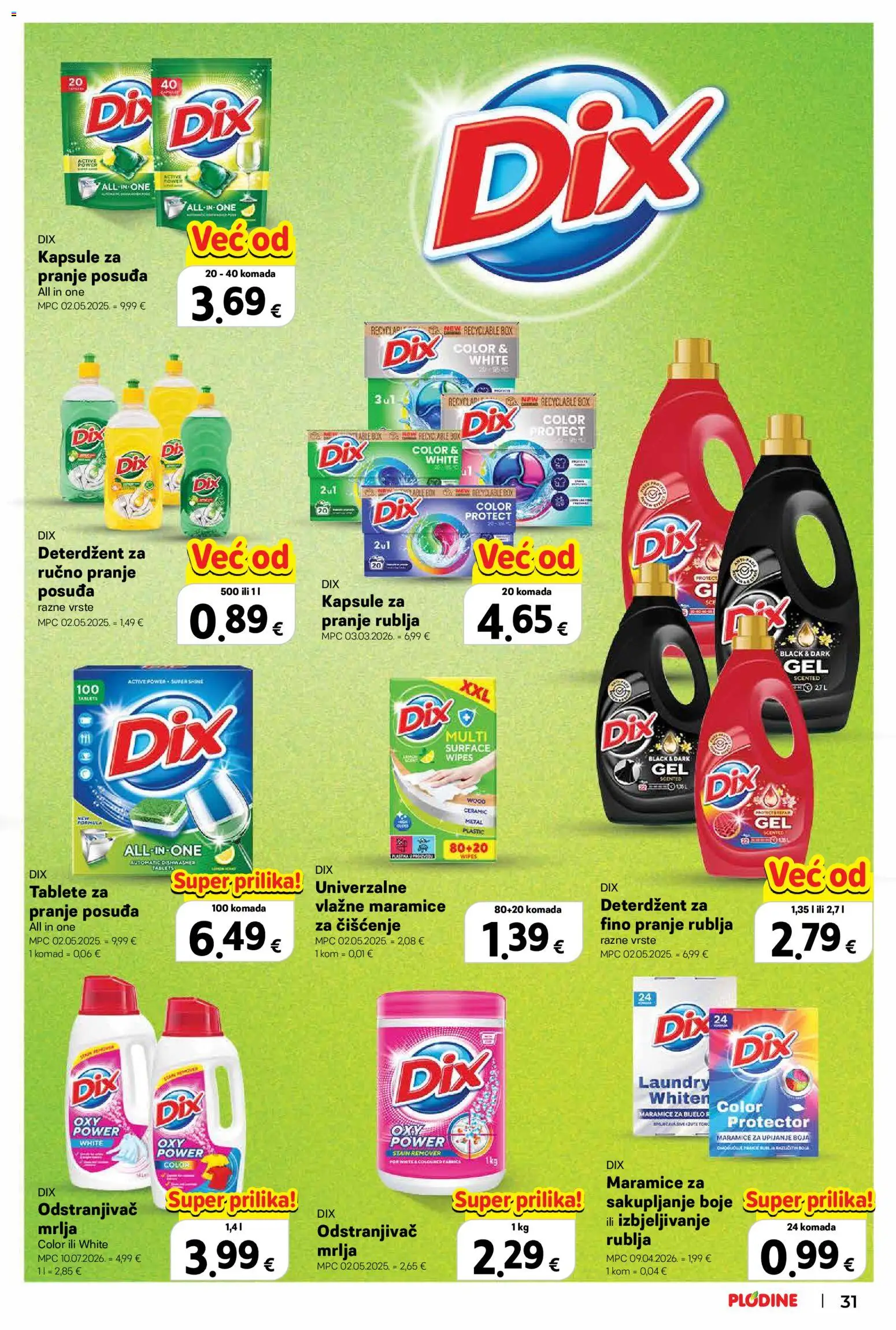 Plodine katalog | vrijedi od 22.10.2026 | Stranica: 31 | Proizvodi: Vlažne maramice, Deterdžent, Kapsule za pranje rublja, Kapsule