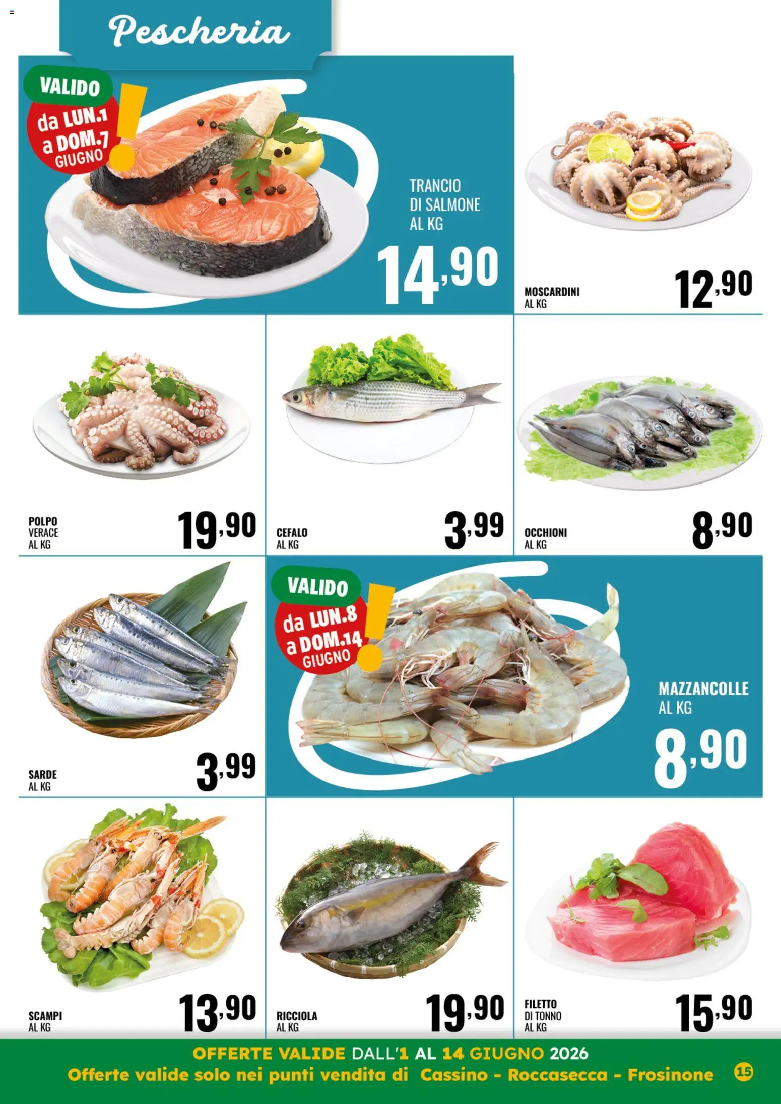 Volantino GECOP del 01.06.2026 | Pagina: 15 | Prodotti: Salmone, Polpo, Mazzancolle, Tonno
